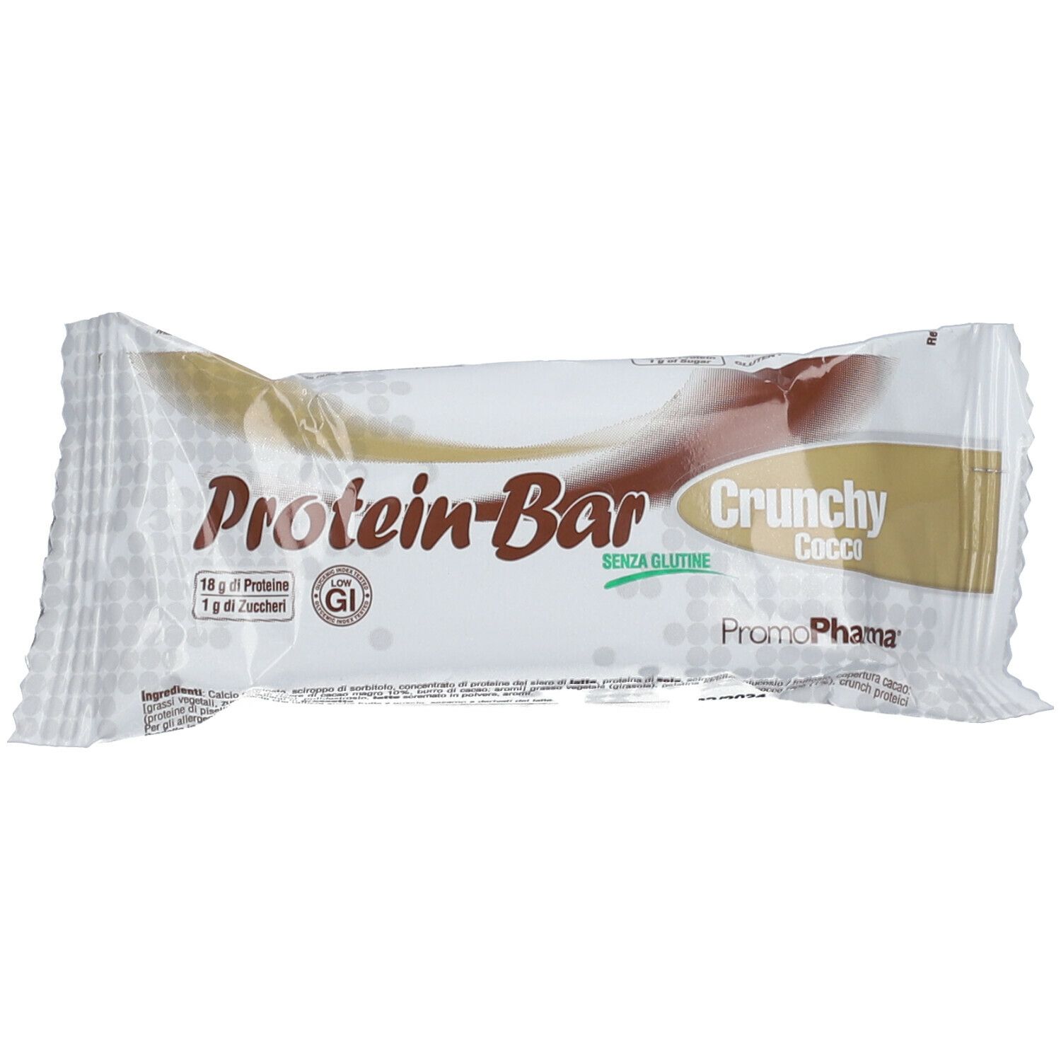 Protein-Bar Crunchy cocco in confezione bianca. Testo: 18g proteine, 1g zuccheri, Senza glutine, PromoPharma.