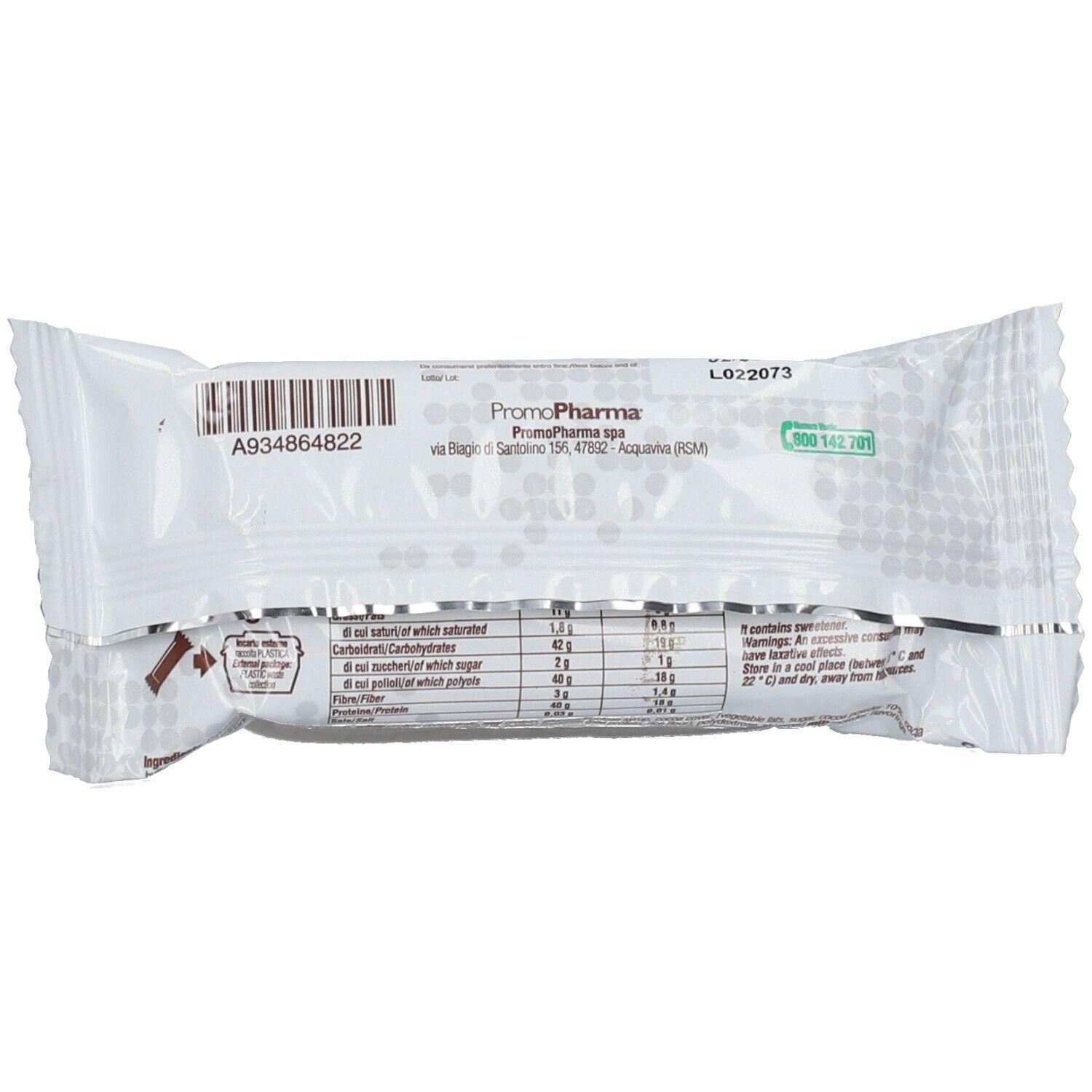 Retro della confezione Protein-Bar. Testo: PromoPharma, informazioni nutrizionali, codice a barre, scadenza.