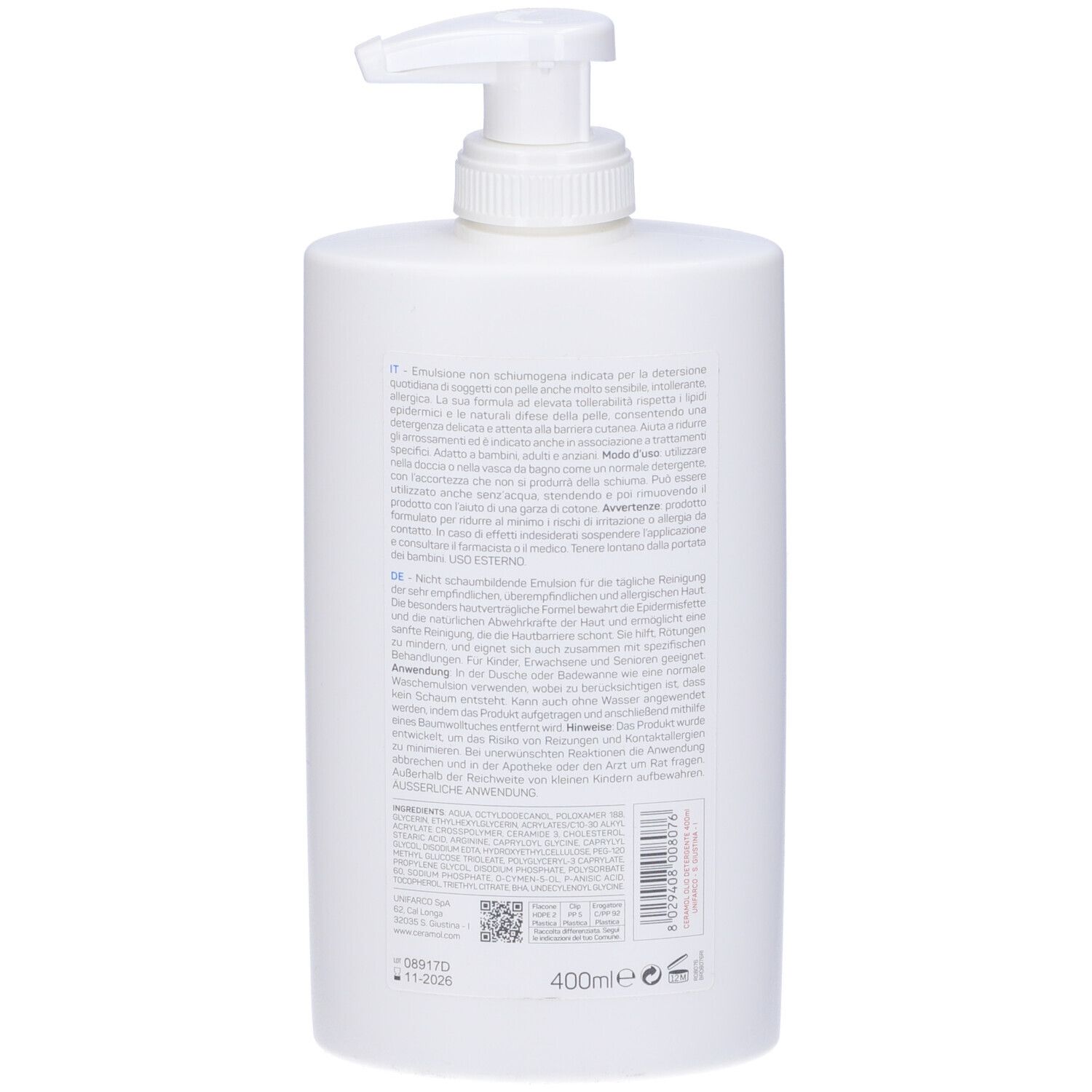 Retro di un flacone bianco con dosatore. Testo multilingue. 400ml. Unifarco Biomedical.