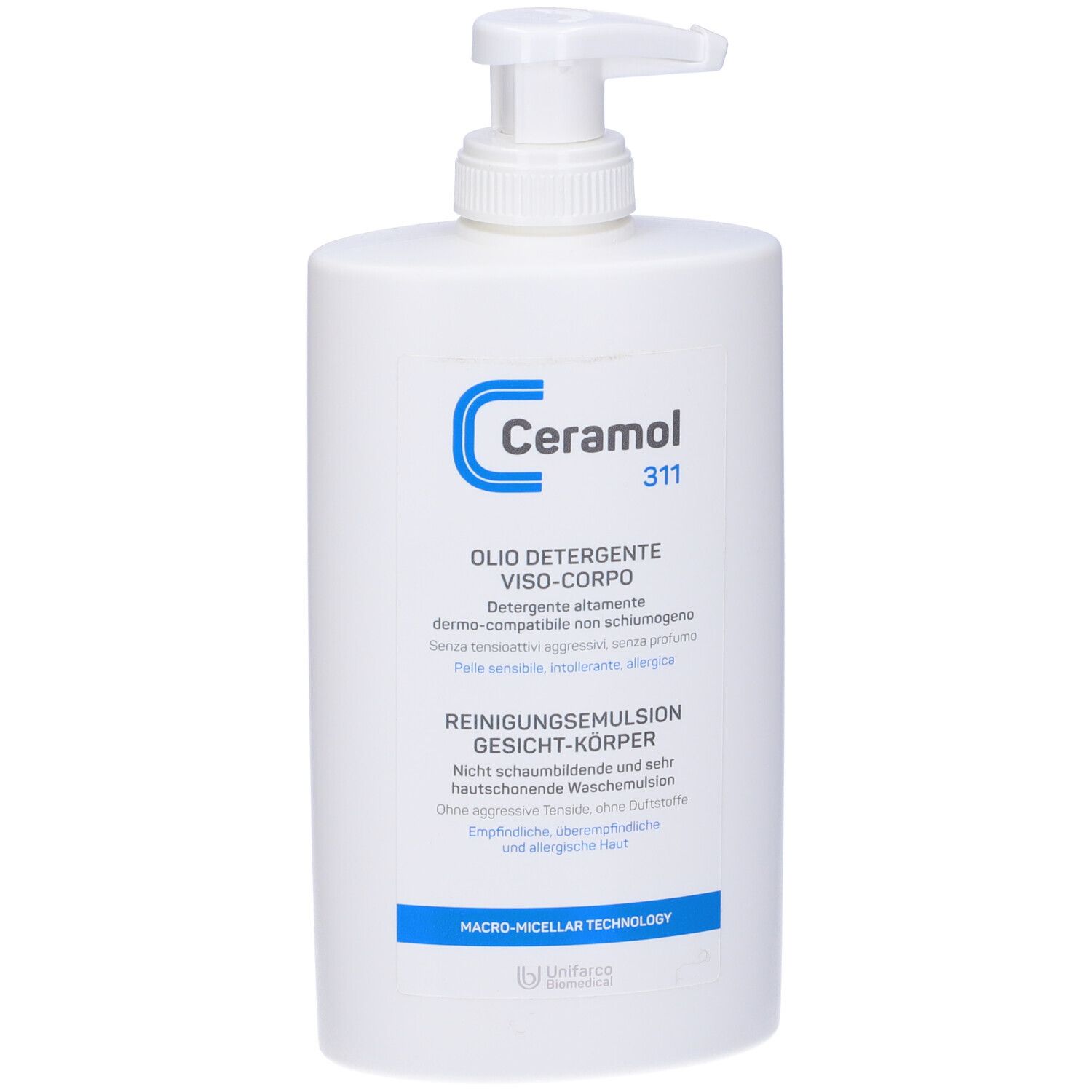 Flacone bianco con dosatore. Scritta: Ceramol 311, Olio detergente viso-corpo. Tecnologia Macro-Micellare.