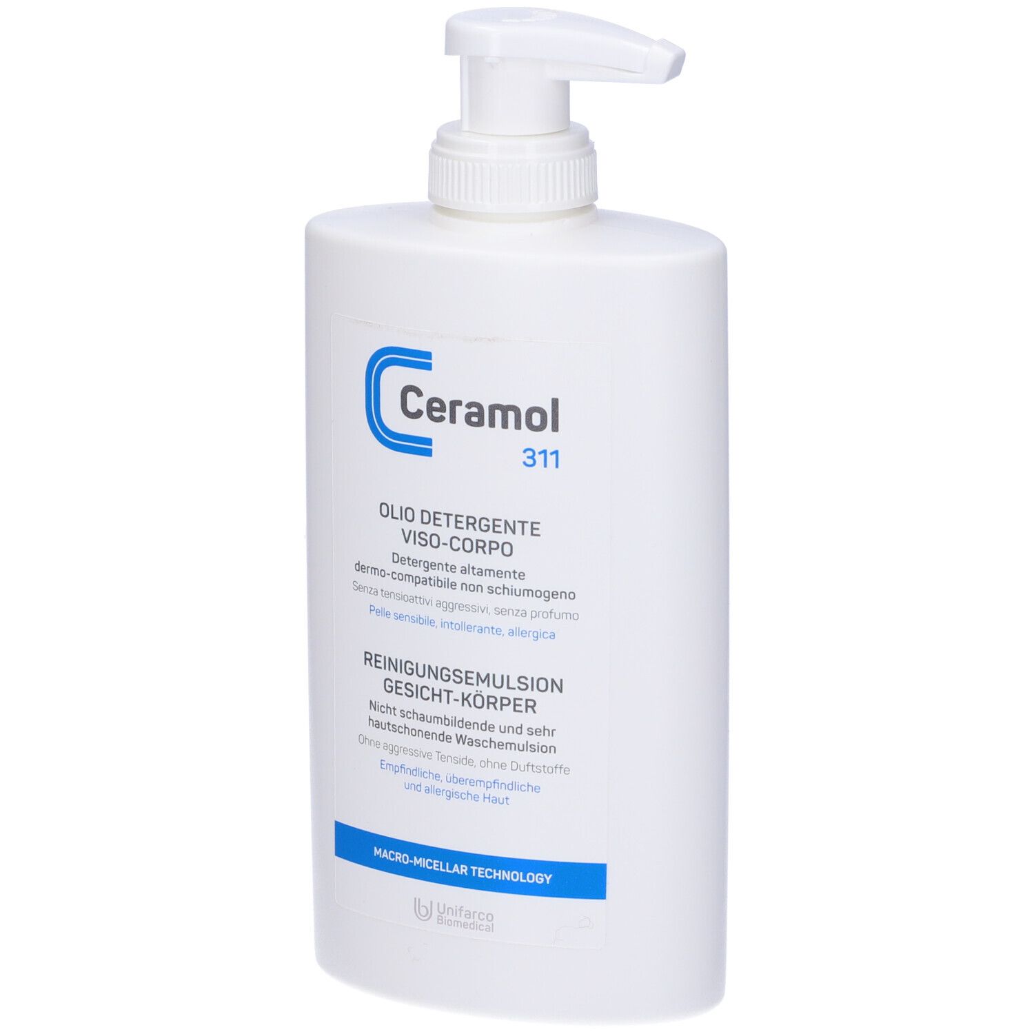 Flacone bianco con dosatore. Scritta: Ceramol 311, Olio detergente viso-corpo. Tecnologia Macro-Micellare.