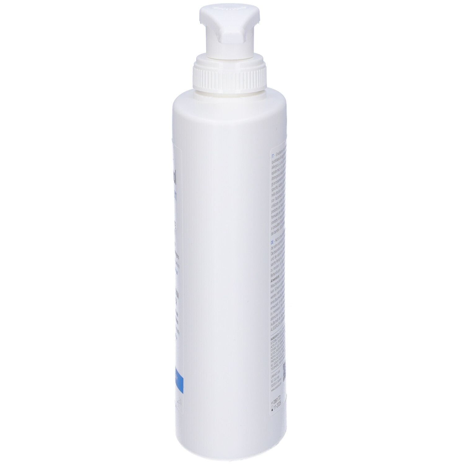 Flacone bianco, vista laterale. Scritta: Ceramol 311, Olio detergente viso-corpo. Testo multilingue.