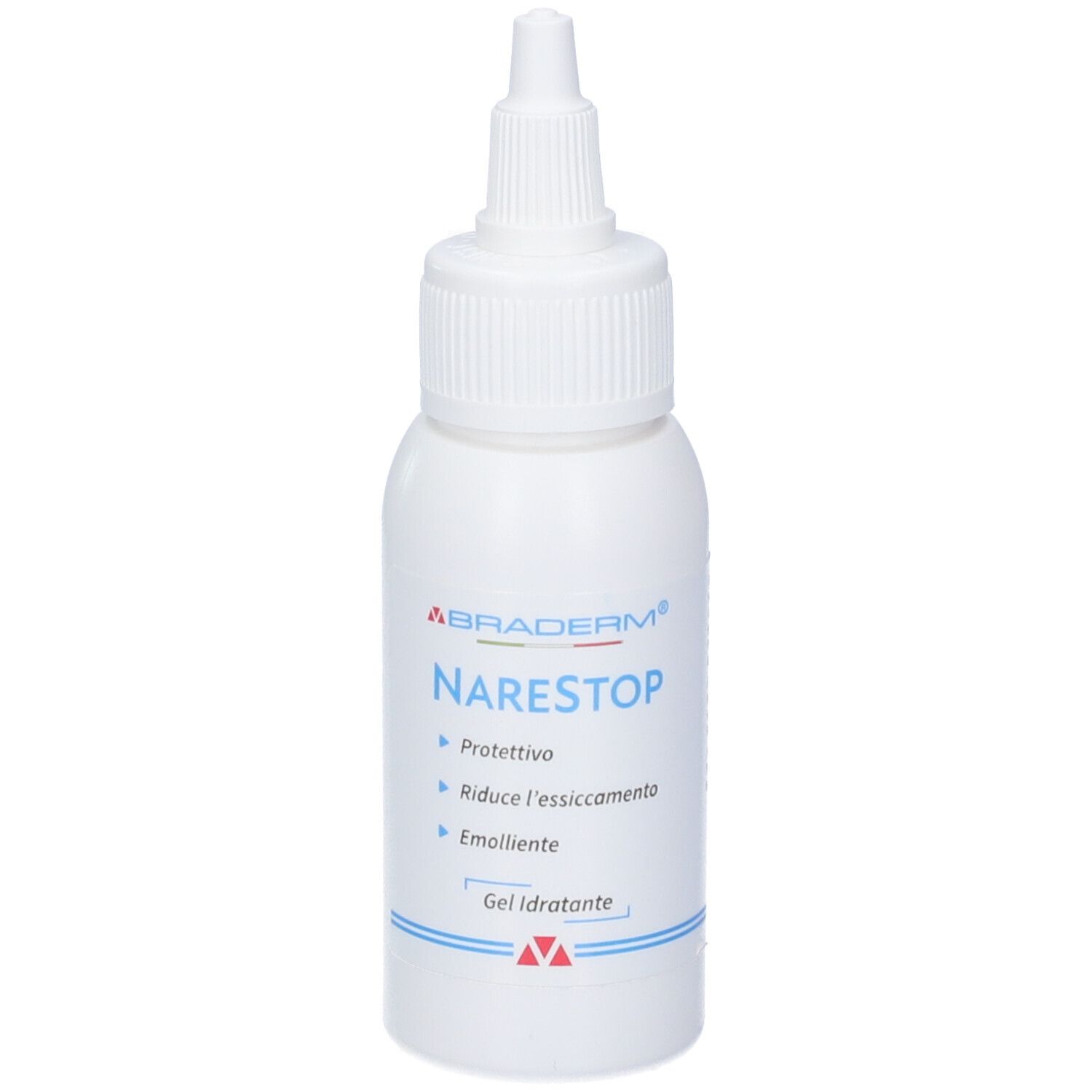 Flacone bianco con beccuccio dosatore. Scritta Narestop, con protezione, riduce la secchezza, emolliente. Gel idratante.