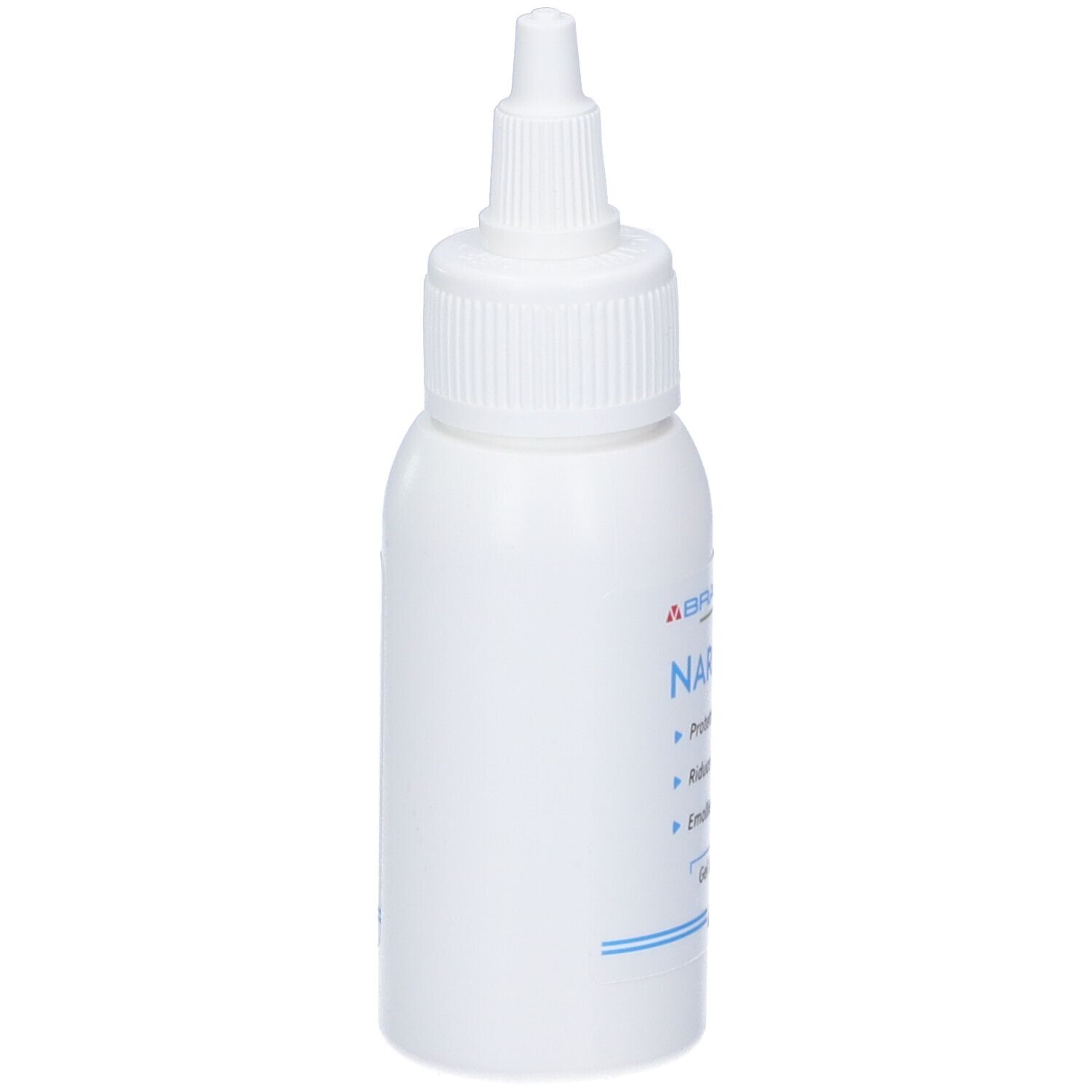 Flacone bianco con beccuccio dosatore. Scritta Narestop, con protezione, riduce la secchezza, emolliente. Gel idratante.
