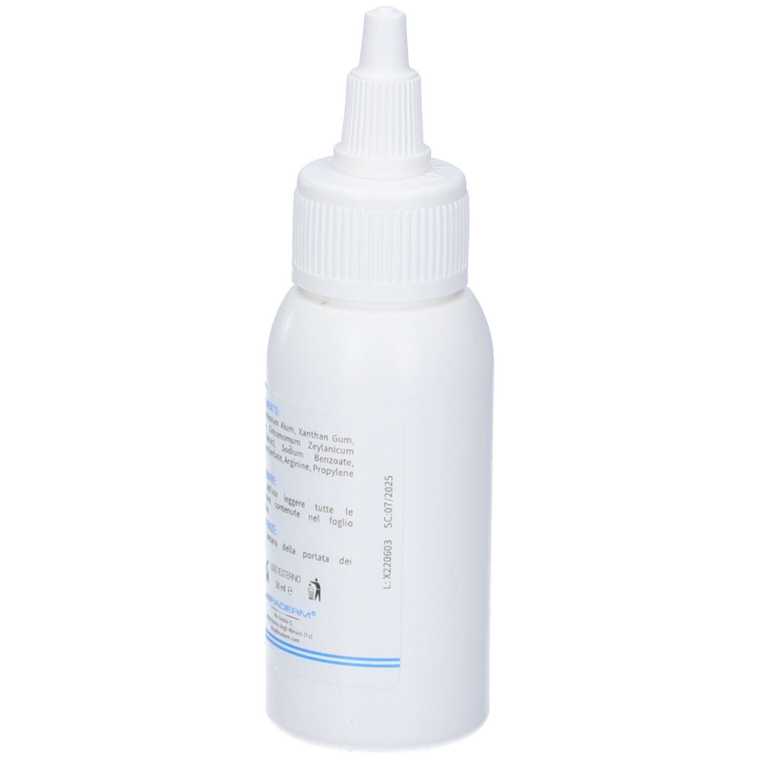 Flacone bianco con beccuccio dosatore. Scritta Narestop, con protezione, riduce la secchezza, emolliente. Gel idratante. Ingredienti sul retro.