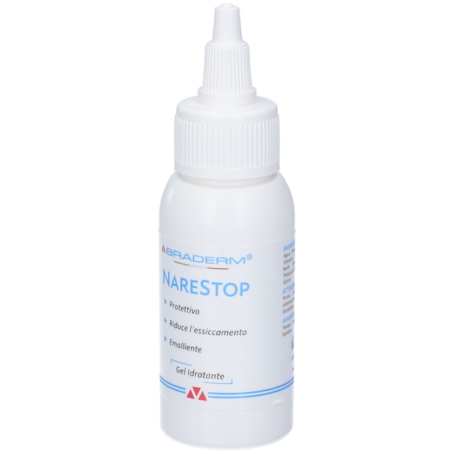 Flacone bianco con beccuccio dosatore. Scritta Narestop, con protezione, riduce la secchezza, emolliente. Gel idratante.