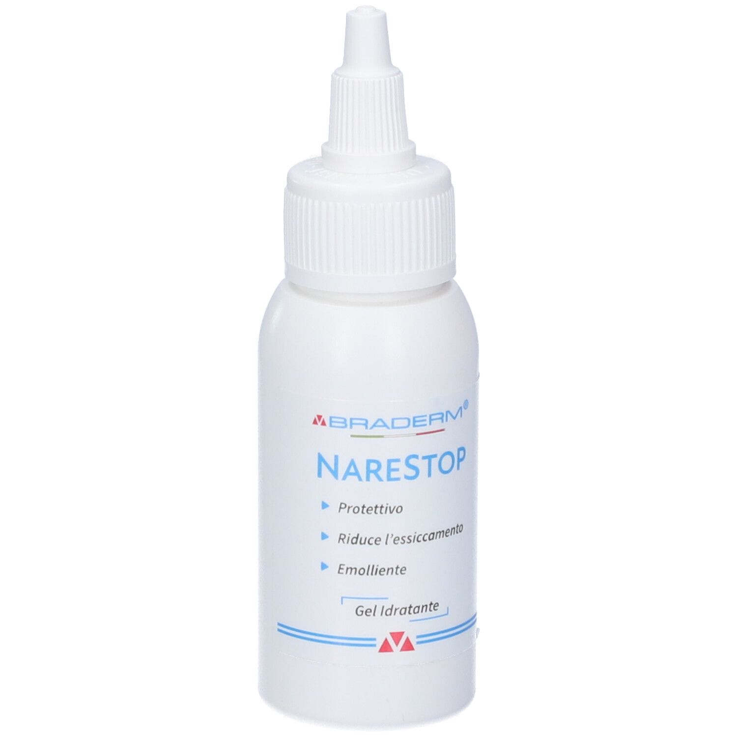 Flacone bianco con beccuccio dosatore. Scritta Narestop, con protezione, riduce la secchezza, emolliente. Gel idratante.