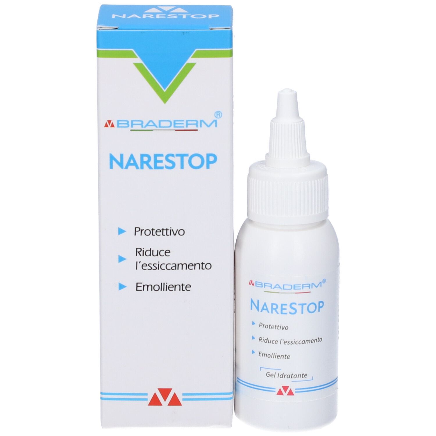 Flacone bianco con beccuccio dosatore e confezione. Scritta Narestop, con protezione, riduce la secchezza, emolliente. Gel idratante.