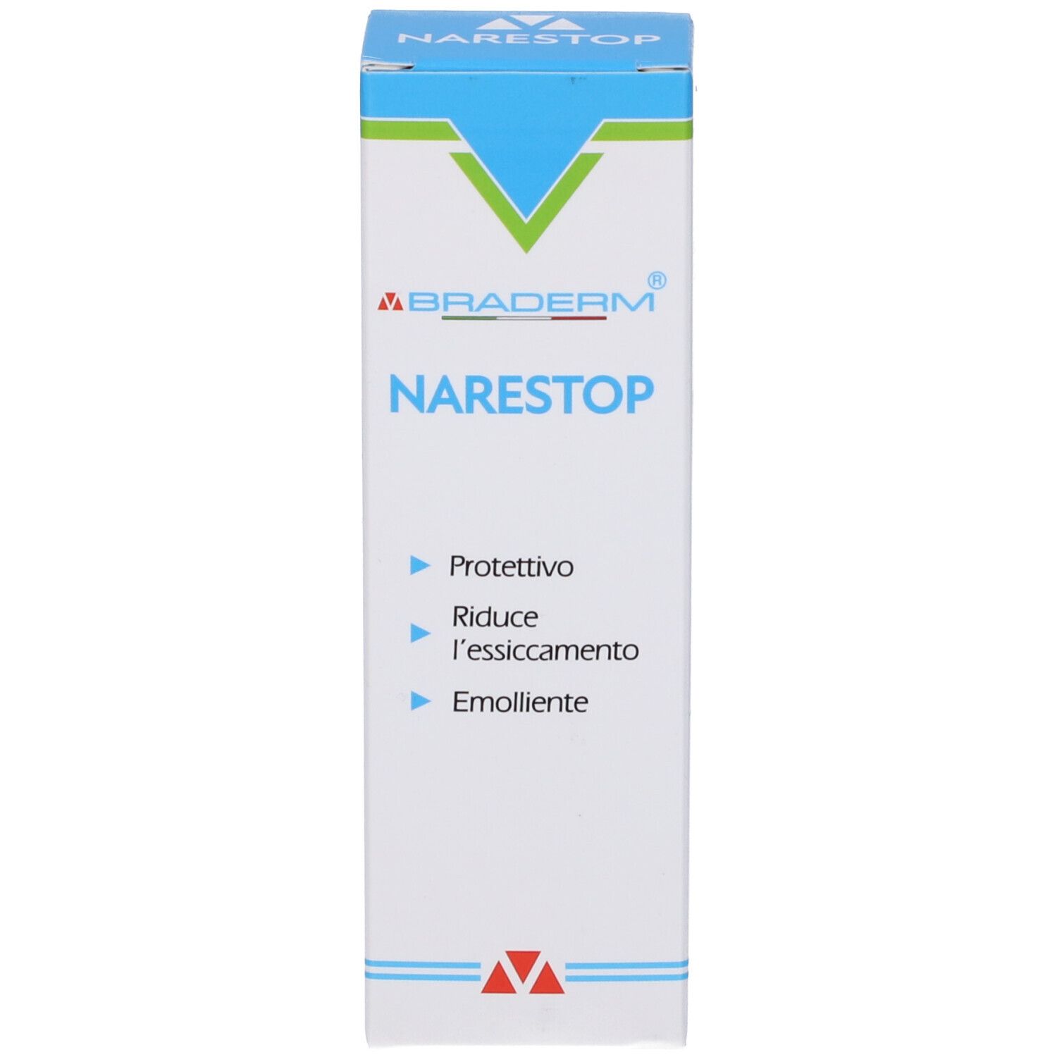 Confezione con scritta Narestop, con protezione, riduce la secchezza, emolliente. Logo e nome del prodotto.