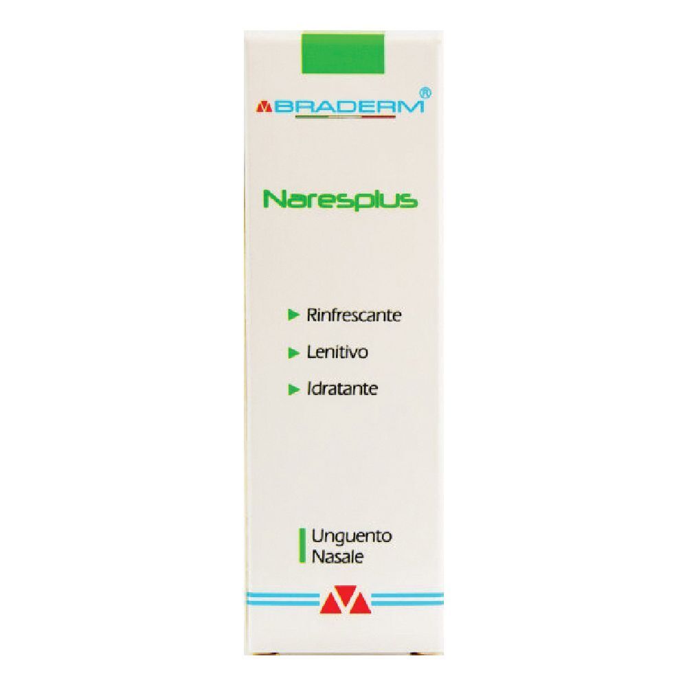 Confezione di Naresplus Unguento. Bianca con dettagli verdi. Testo: Braderm, Naresplus, Unguento Nasale. Proprietà: rinfrescante, lenitivo, idratante.