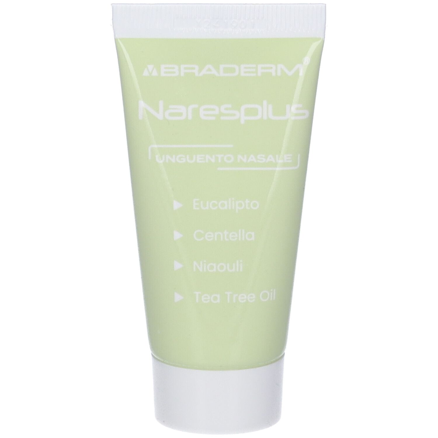 Tubo verde chiaro. Testo: Braderm, Naresplus, Unguento Nasale. Ingredienti: Eucalipto, Centella, Niaouli, Tea Tree Oil. Scritta bianca.