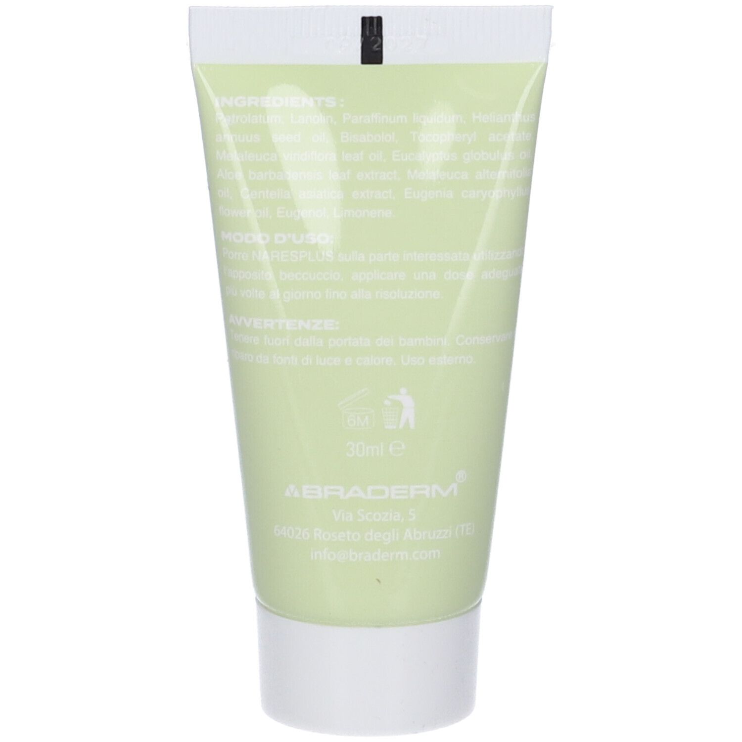 Retro del tubo verde chiaro. Testo: Ingredienti, modo d'uso, avvertenze. Marchio Braderm. 30ml. Simbolo di riciclaggio.