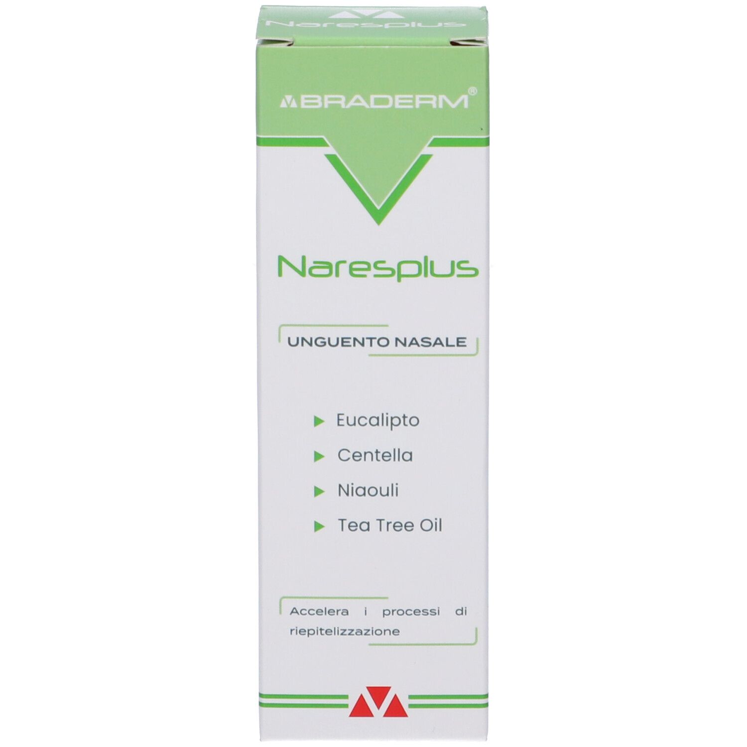 Confezione del prodotto. Bianca con logo e testo verde. Testo: Naresplus, Unguento Nasale. Proprietà: Eucalipto, Centella, Niaouli, Tea Tree Oil.