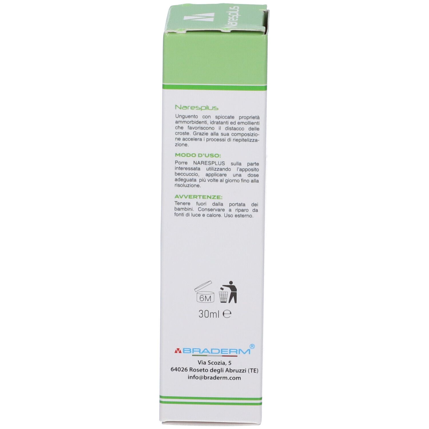 Retro della confezione del prodotto. Testo: Modo d'uso, avvertenze, 30ml. Marchio Braderm. Simbolo di riciclaggio.