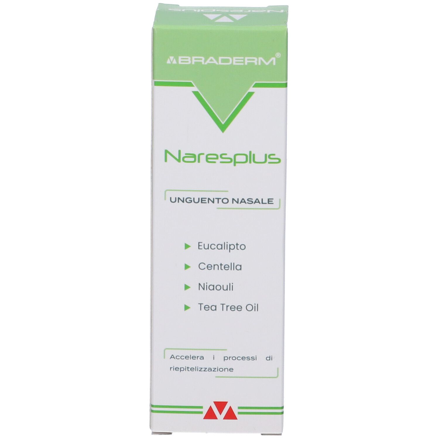 Confezione del prodotto. Bianca con logo e testo verde. Testo: Naresplus, Unguento Nasale. Proprietà: Eucalipto, Centella, Niaouli, Tea Tree Oil.