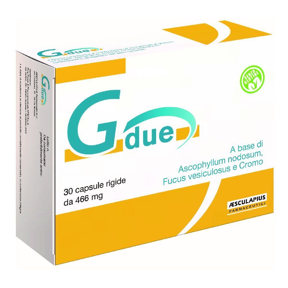 Confezione di Gdue. Bianca e gialla, con nome e ingredienti. 30 capsule, 466 mg. Ascophyllum nodosum, Fucus vesiculosus e Cromo. Marchio: ESCULAPIUS.