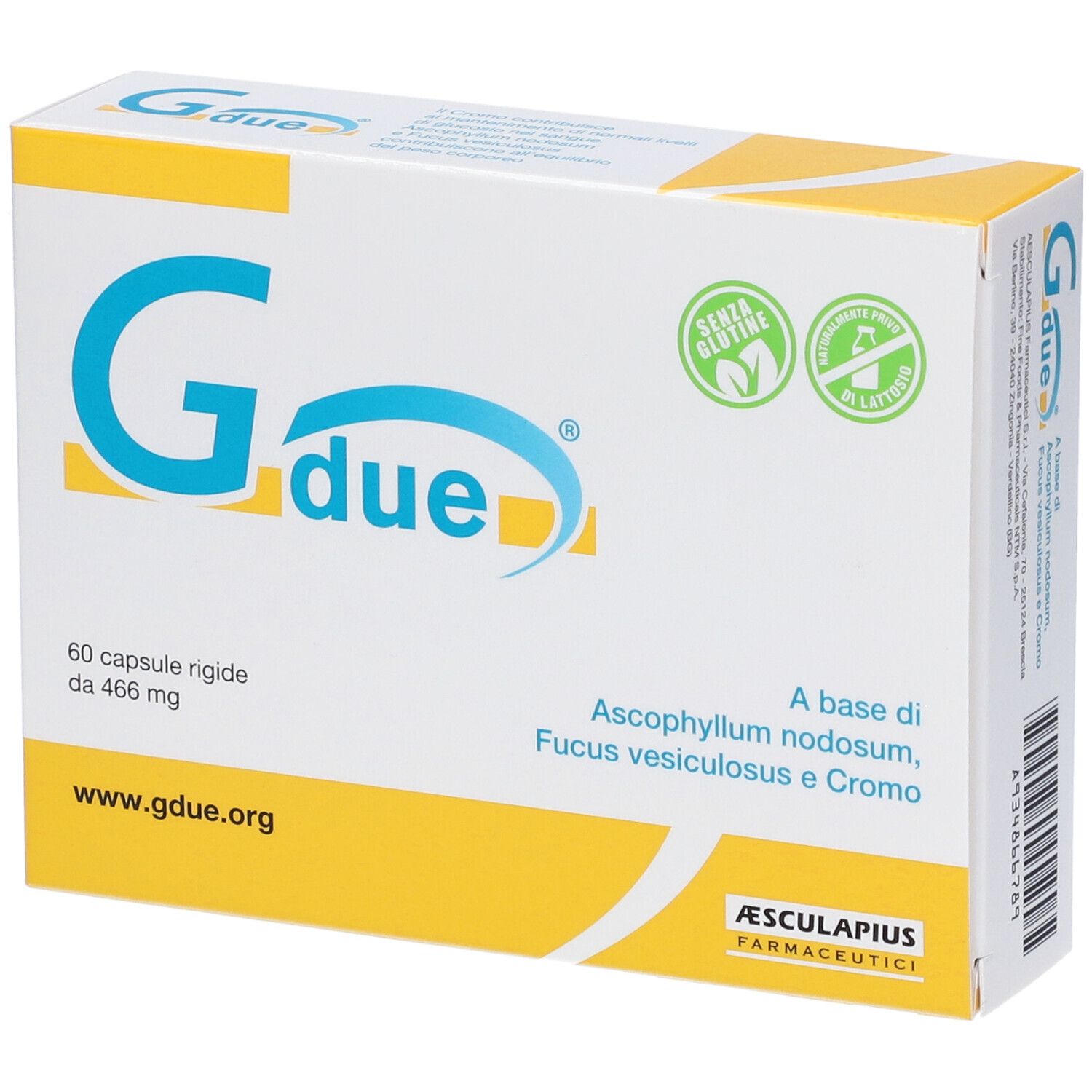 Boîte avec nom et logo du produit. Contient 60 gélules. Sans gluten et sans lactose.