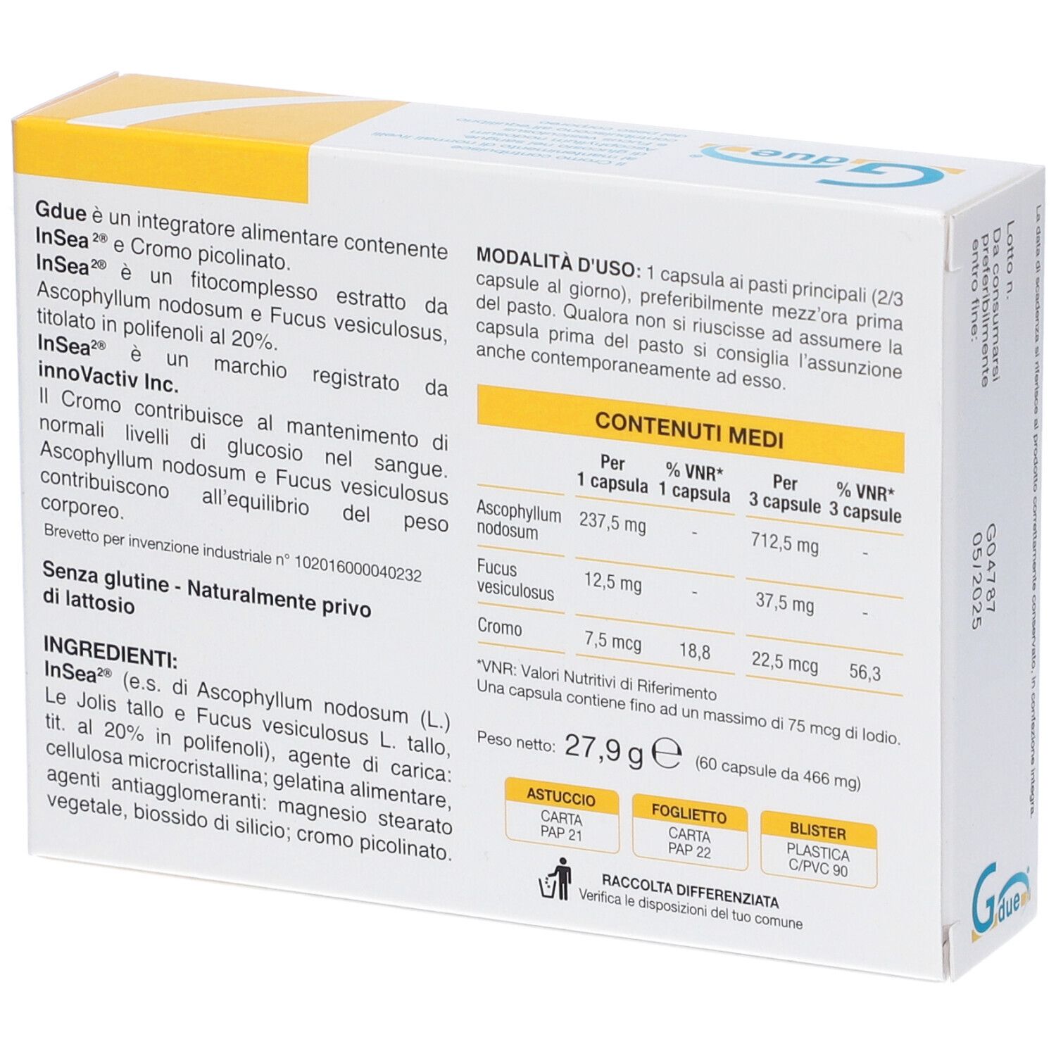 Emballage du produit avec ingrédients et tableau nutritionnel. Contient 60 gélules. Sans gluten et sans lactose.