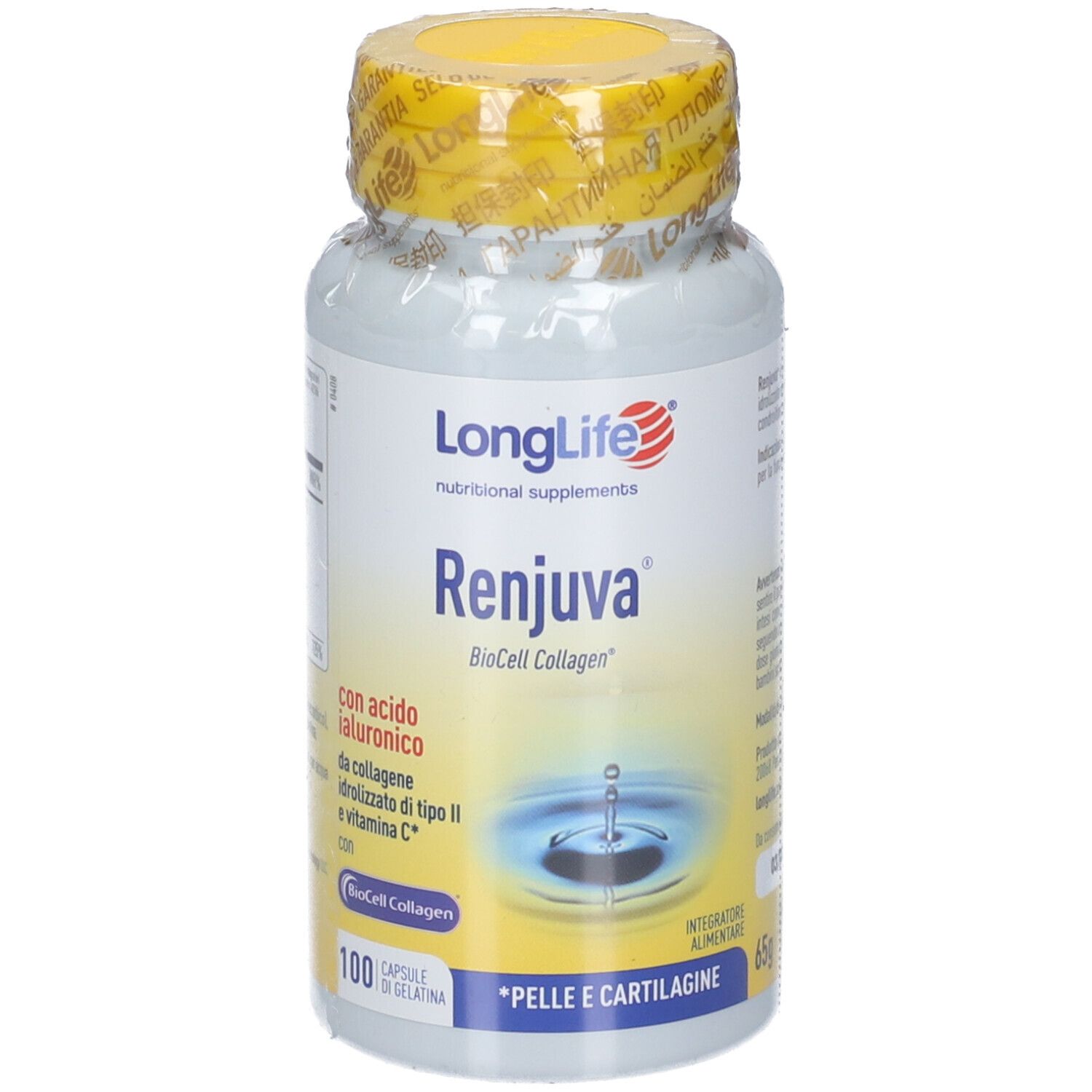 Rückseite einer Flasche LongLife Renjuva mit 100 Kapseln.