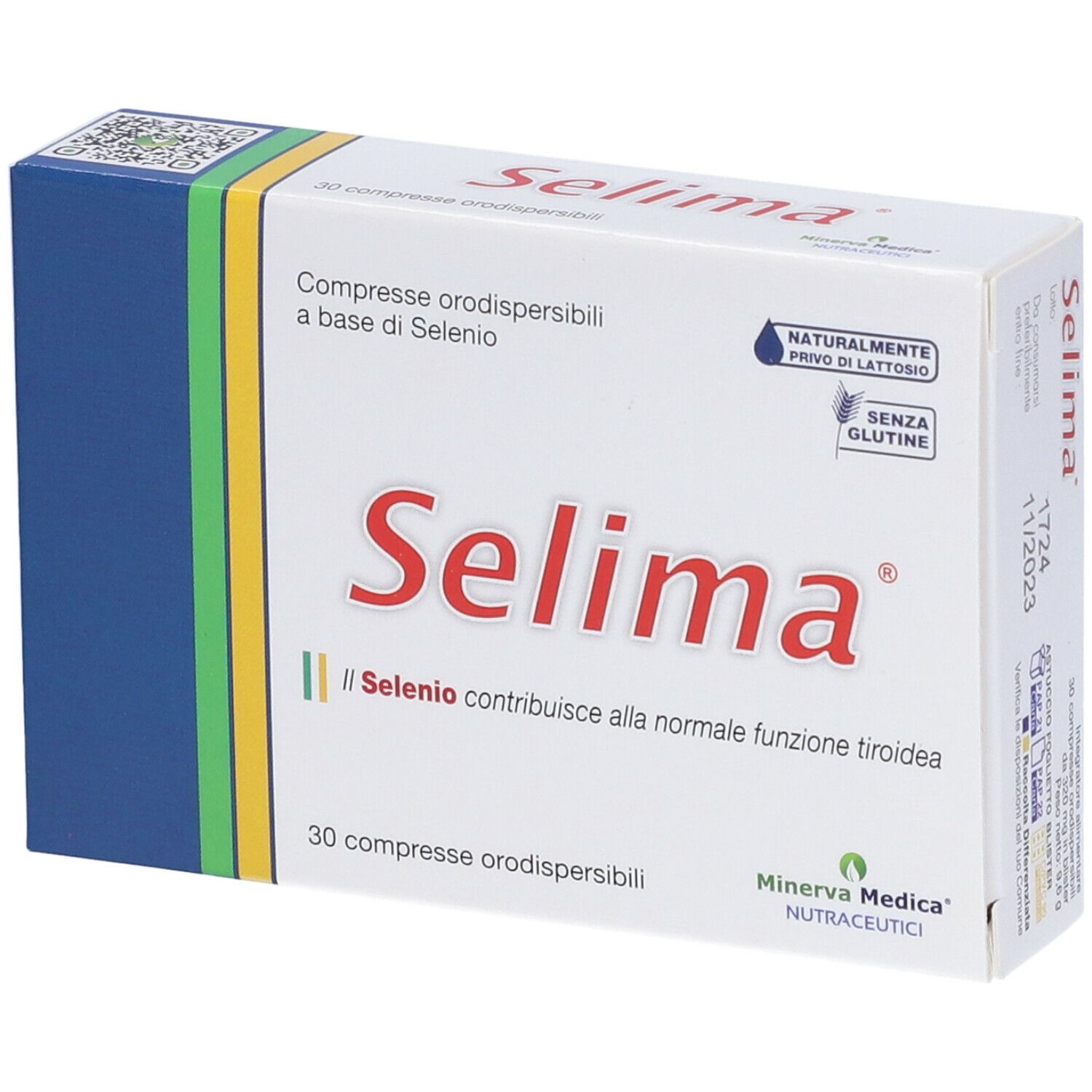 Scatola di compresse Selima. Scritte: Selima, 30 compresse, senza glutine, senza lattosio. Minerva Medica.