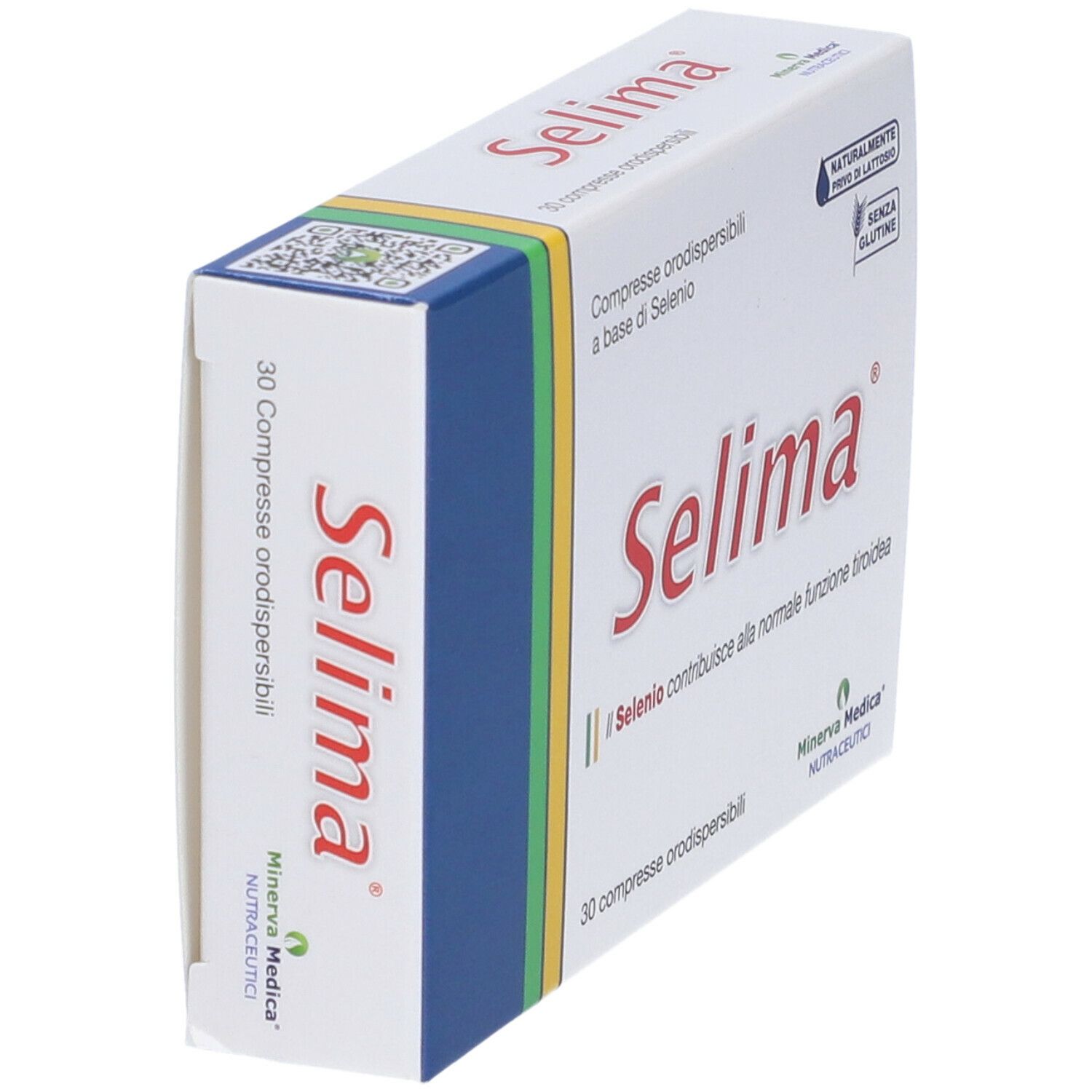 Scatola di compresse Selima. Scritte: Selima, 30 compresse, senza glutine, senza lattosio. Minerva Medica. Vista obliqua.
