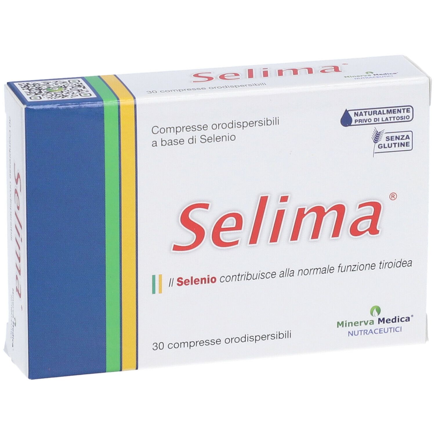 Scatola di compresse Selima. Scritte: Selima, 30 compresse, senza glutine, senza lattosio. Minerva Medica. Vista obliqua.