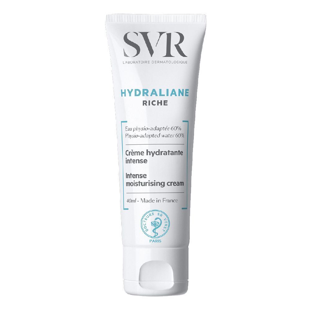 Tubo bianco SVR Hydraliane Riche. Contiene 40ml di crema idratante intensa. Prodotto in Francia.