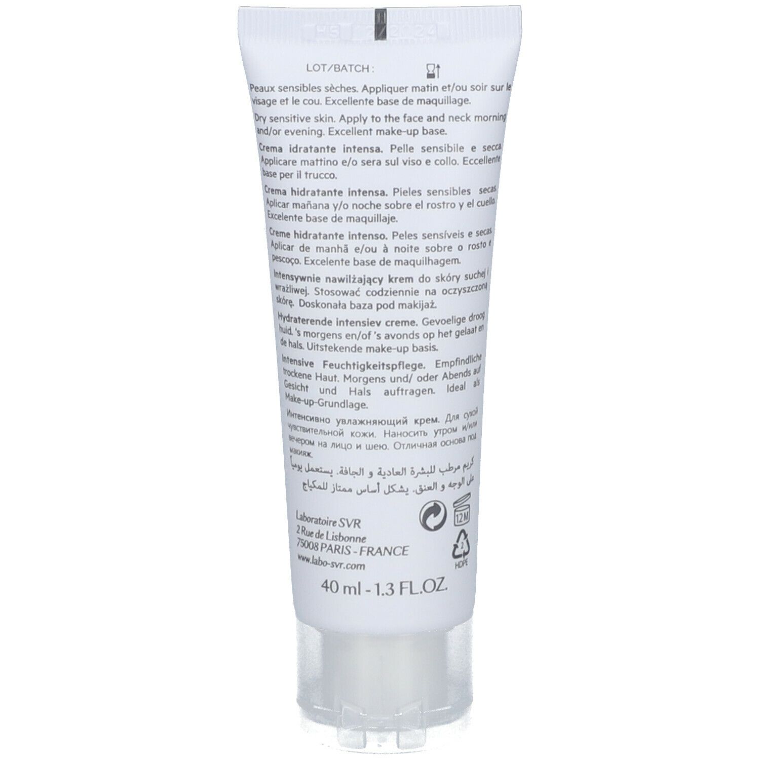 Scatola SVR Hydraliane Riche. Contiene 40ml di crema idratante intensa. Prodotto in Francia.