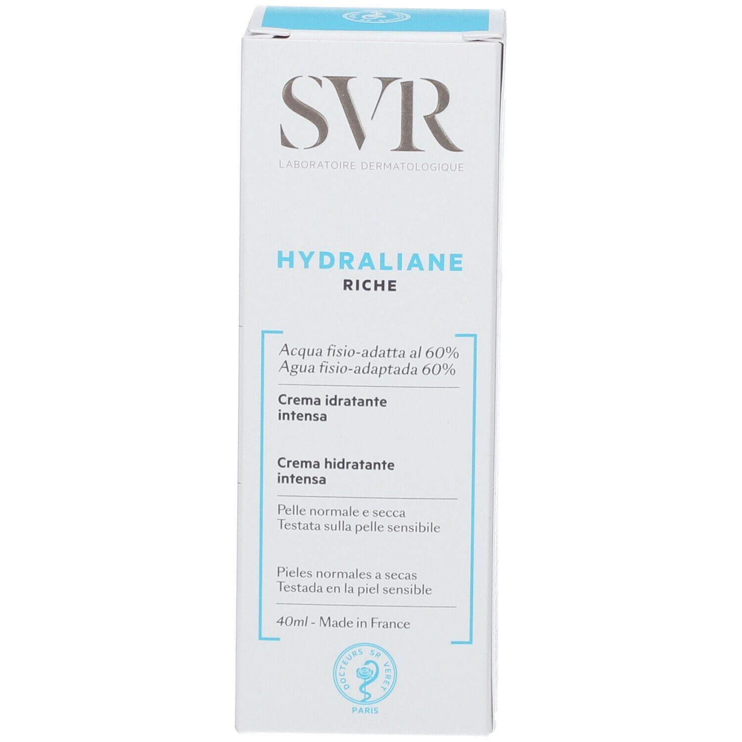 Scatola SVR Hydraliane Riche. Contiene 40ml di crema idratante intensa. Prodotto in Francia.