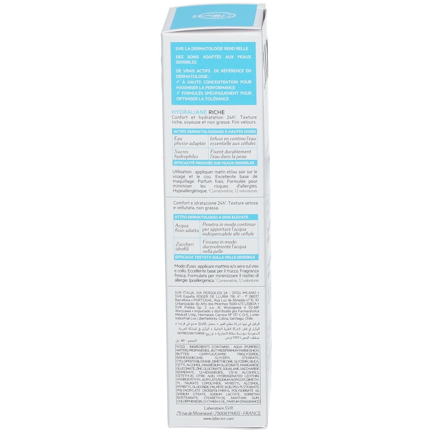 Scatola SVR Hydraliane Riche. Contiene 40ml di crema idratante intensa. Prodotto in Francia.