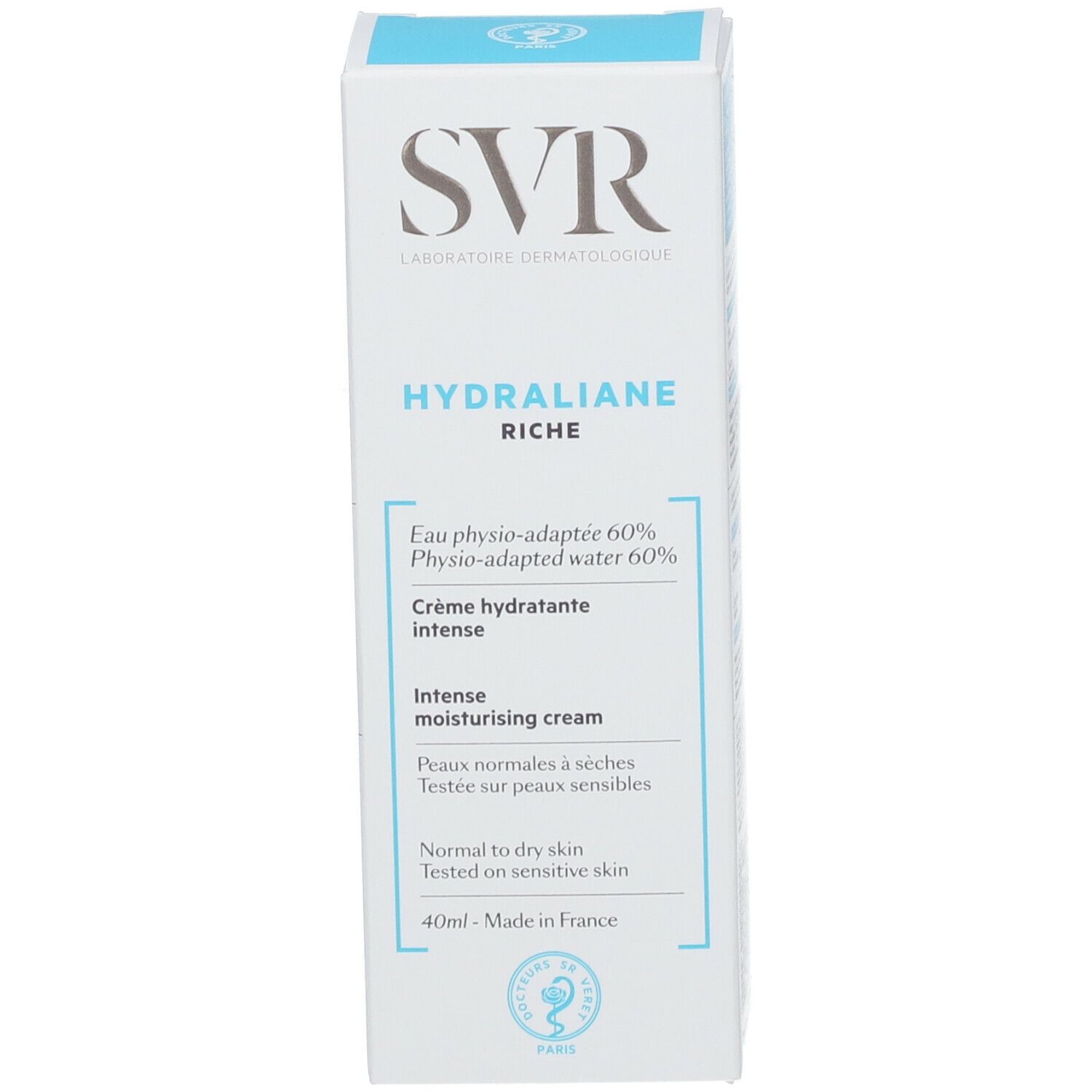 Scatola SVR Hydraliane Riche. Contiene 40ml di crema idratante intensa. Prodotto in Francia.