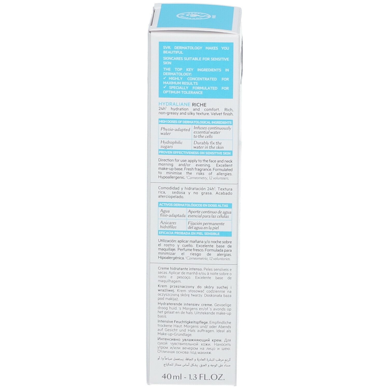 Scatola SVR Hydraliane Riche. Contiene 40ml di crema idratante intensa. Prodotto in Francia.