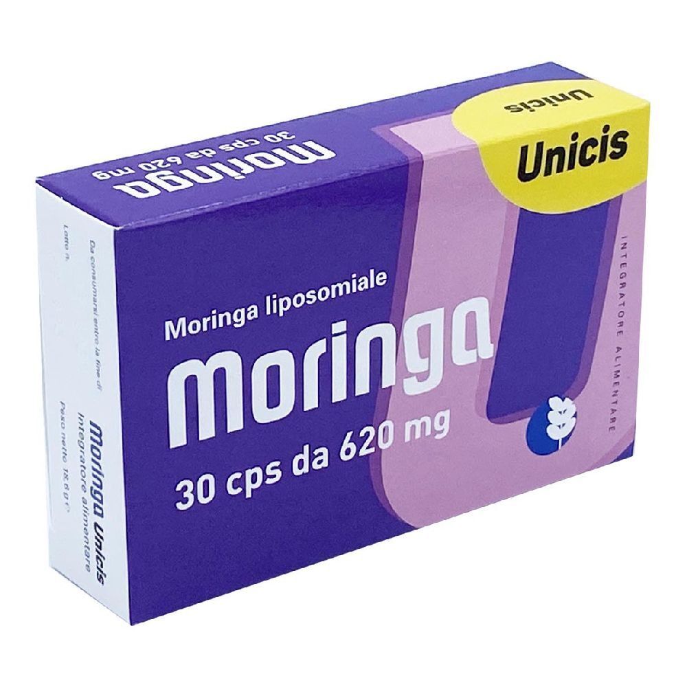 Scatola 'Moringa Unicis'. Design viola e bianco. Contiene 30 cps da 620 mg. 'Integratore Alimentare'.