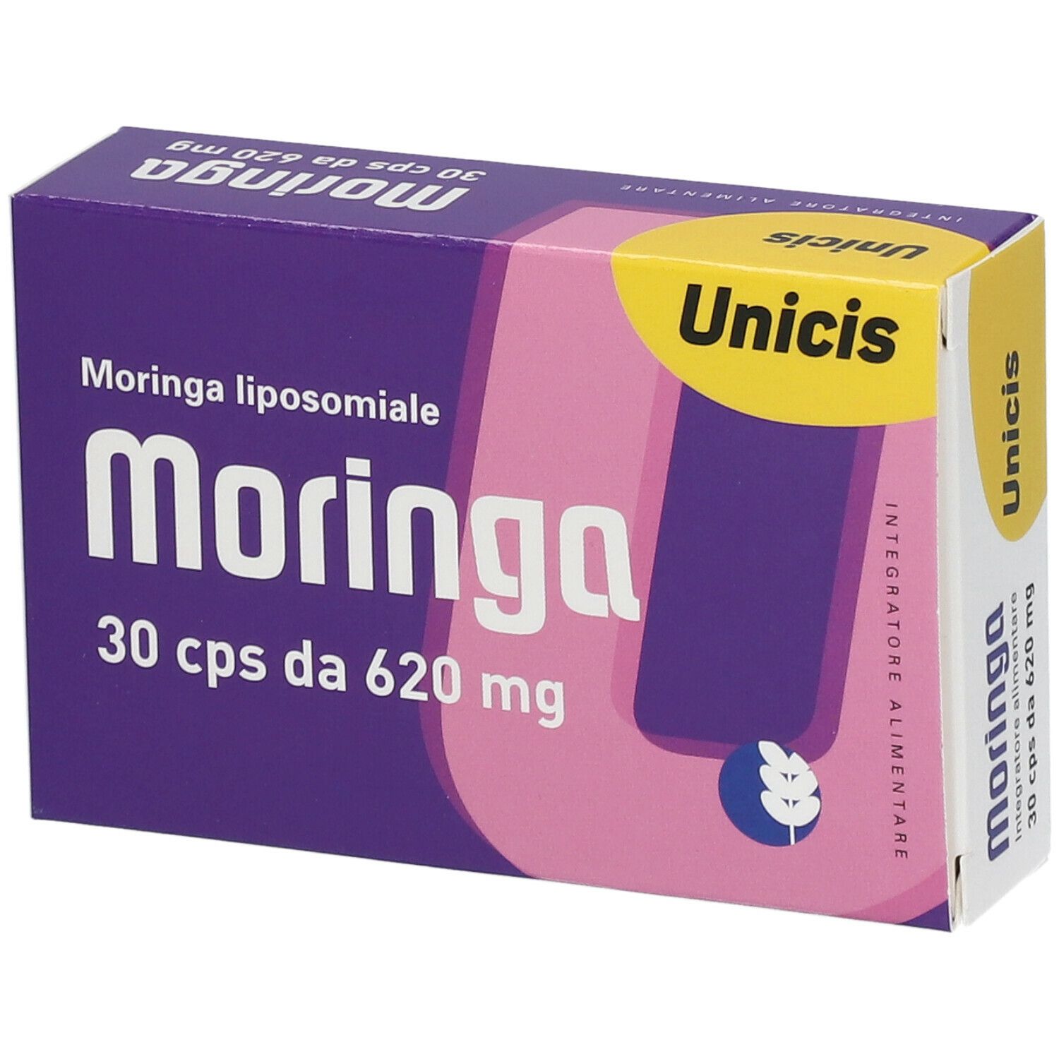 Scatola 'Moringa Unicis'. Design viola e bianco. Contiene 30 cps da 620 mg. 'Integratore Alimentare'.