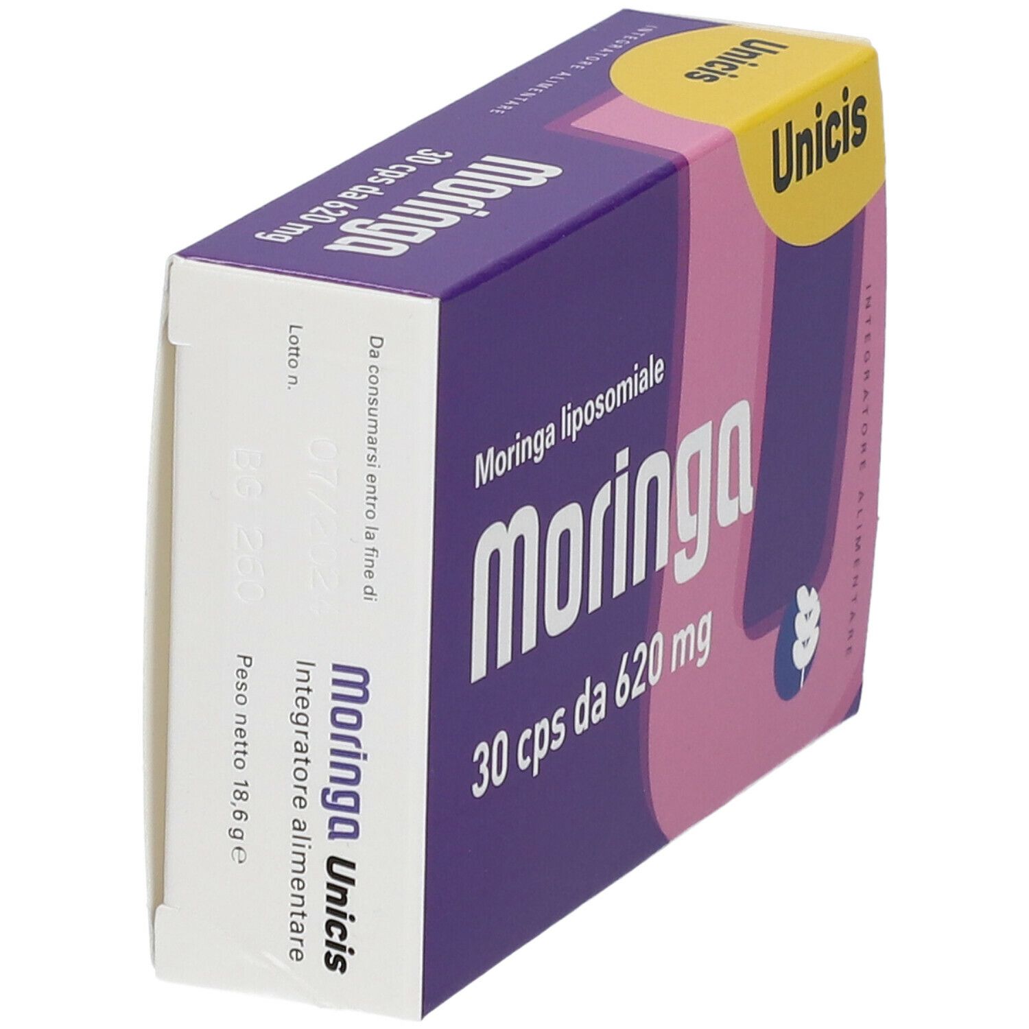 Scatola 'Moringa Unicis'. Design viola e bianco. Contiene 30 cps da 620 mg. 'Integratore Alimentare'.