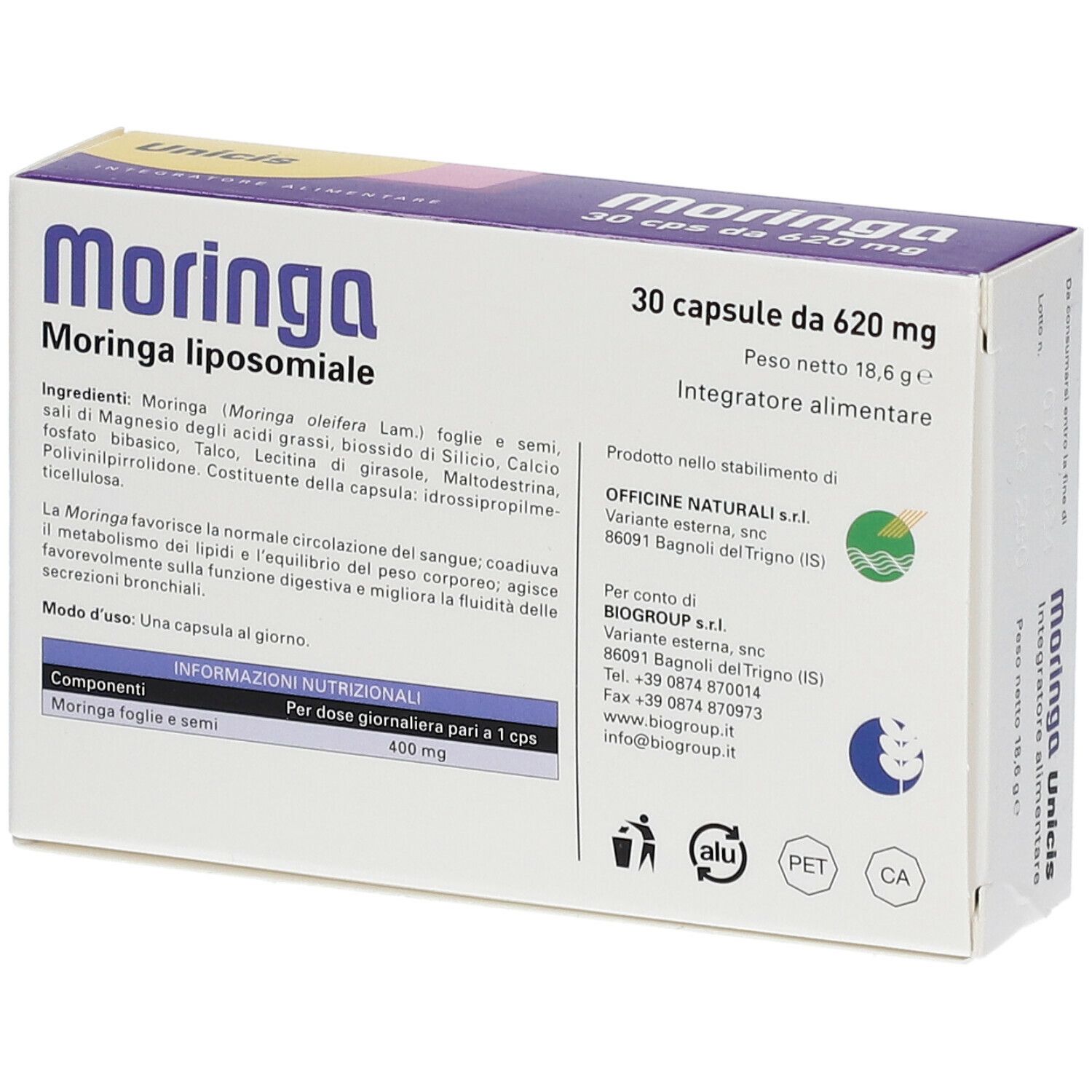 Scatola 'Moringa Unicis'. Design viola e bianco. Contiene 30 cps da 620 mg. 'Integratore Alimentare'.