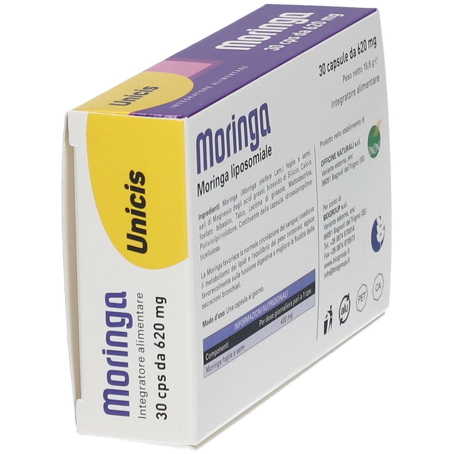 Scatola 'Moringa Unicis'. Design viola e bianco. Contiene 30 cps da 620 mg. 'Integratore Alimentare'.