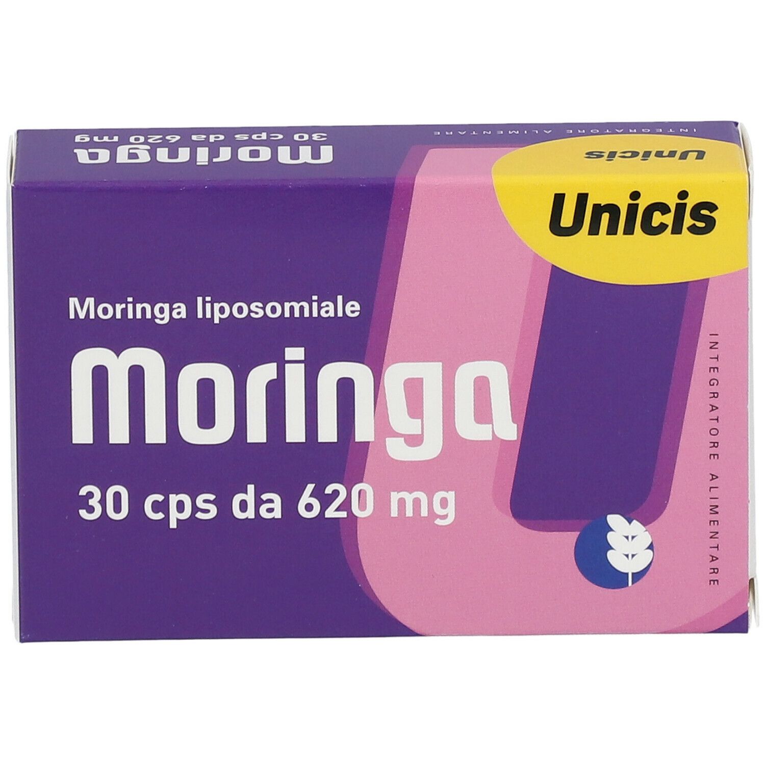Scatola 'Moringa Unicis'. Design viola e bianco. Contiene 30 cps da 620 mg. 'Integratore Alimentare'.