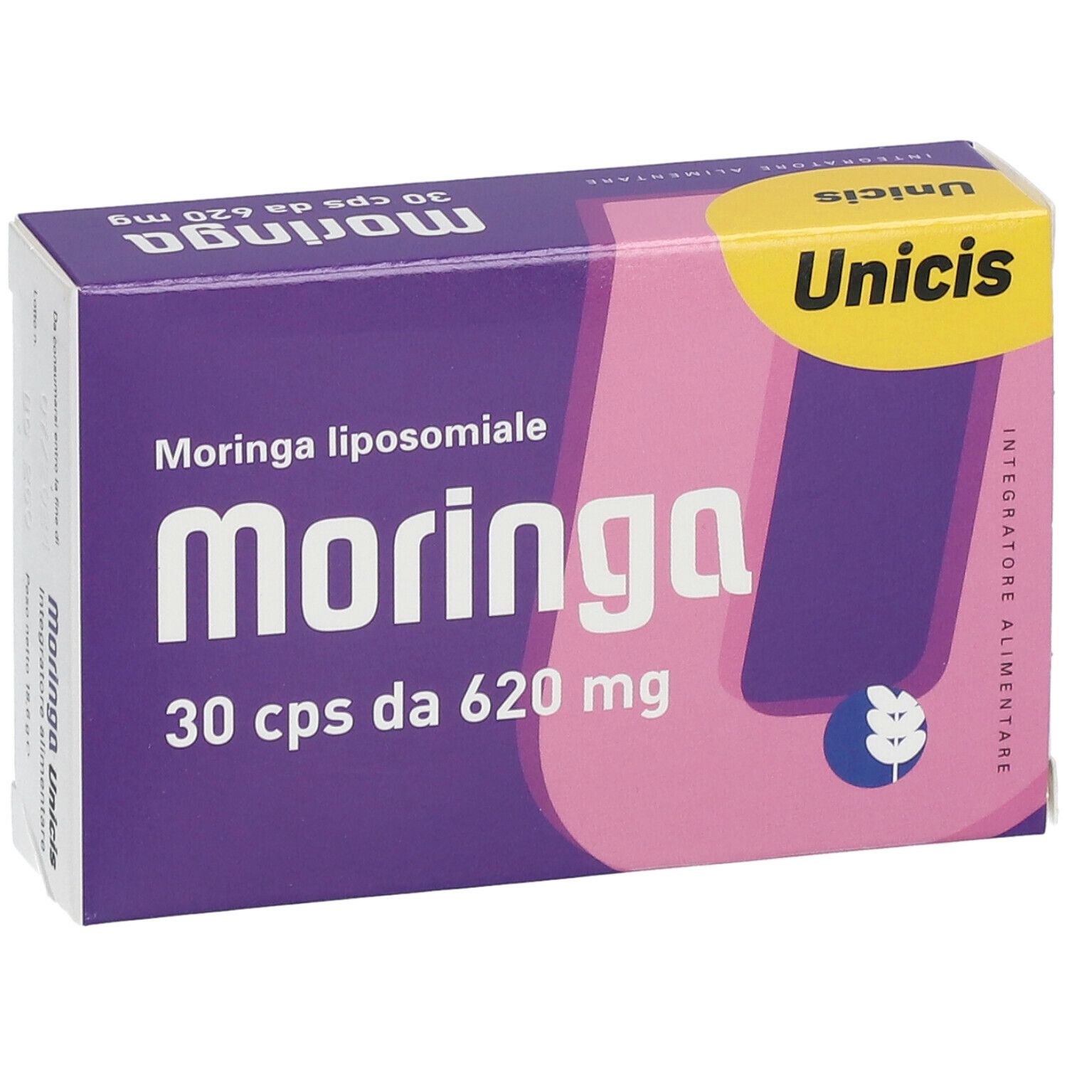Scatola 'Moringa Unicis'. Design viola e bianco. Contiene 30 cps da 620 mg. 'Integratore Alimentare'.
