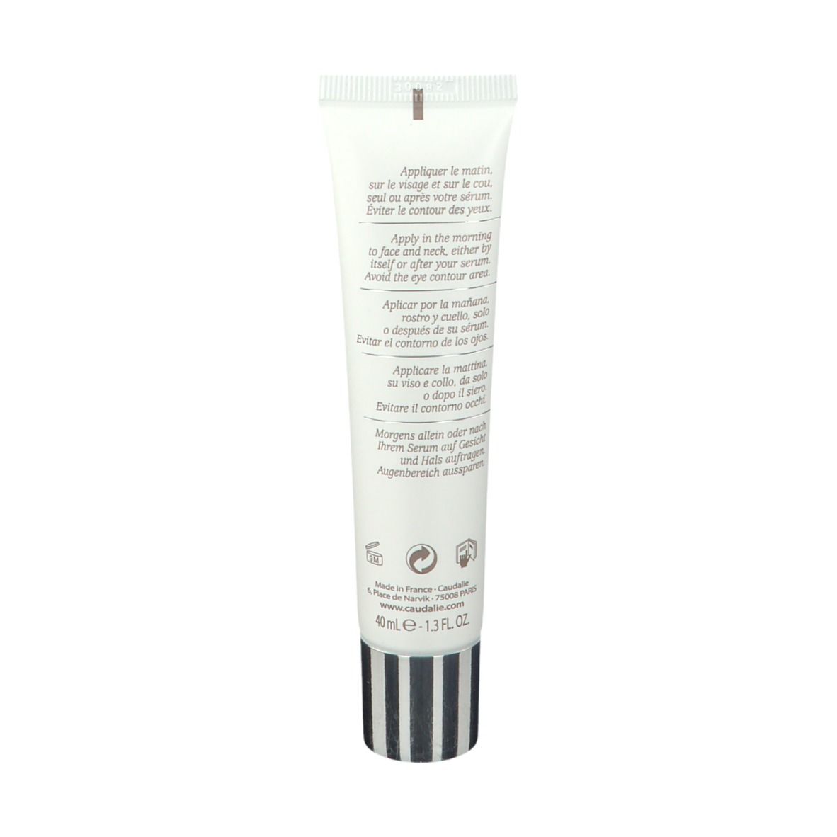 Retro del tubo CAUDALIE Vinoperfect. Testo multilingue, loghi e informazioni.