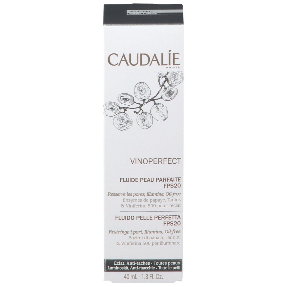 Confezione CAUDALIE Vinoperfect Fluido Pelle Perfetta SPF20. Nome, dettagli e logo del prodotto visibili.