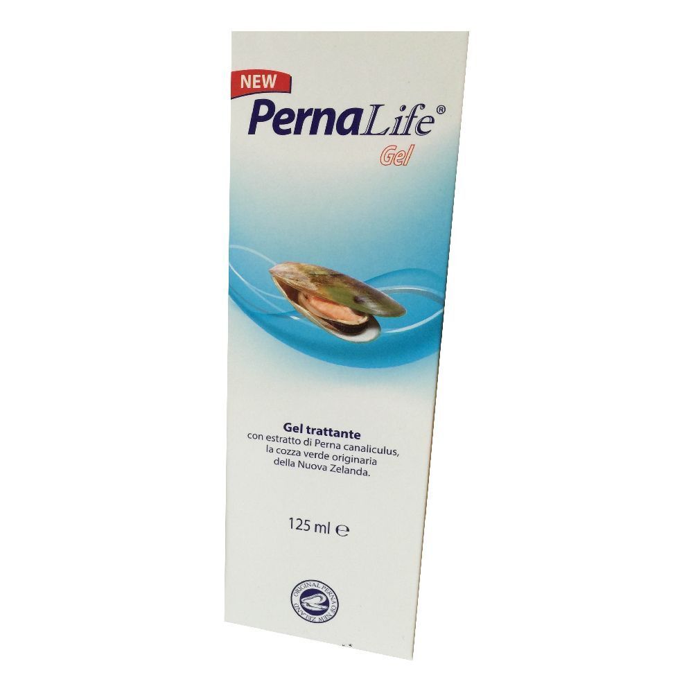 Confezione di Pernalife Gel. Bianca, con nome del prodotto e immagine di una cozza. 125 ml.