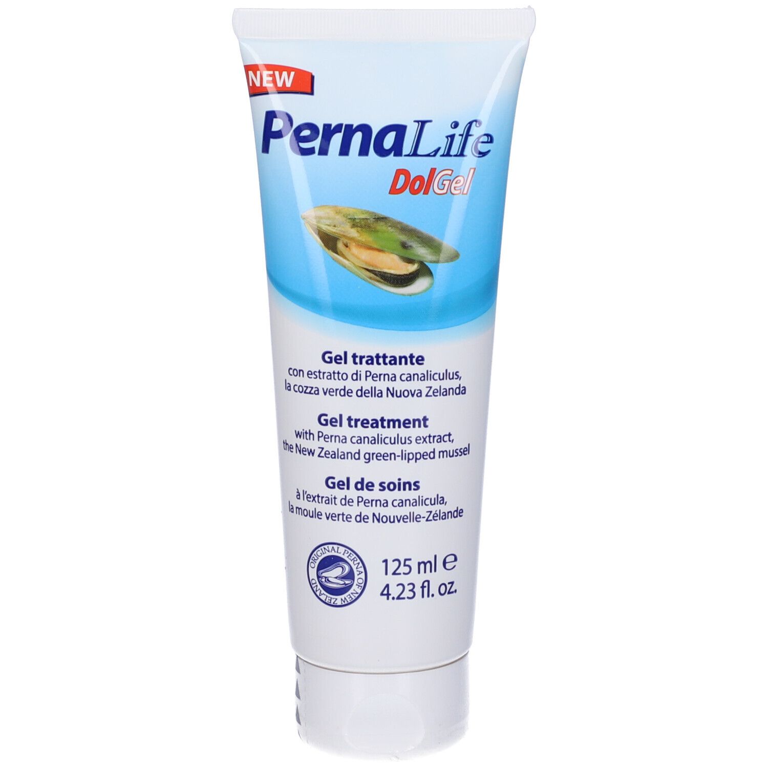 Tubo di Pernalife Dol Gel. Bianco, con nome del prodotto e immagine di una cozza. 125 ml.