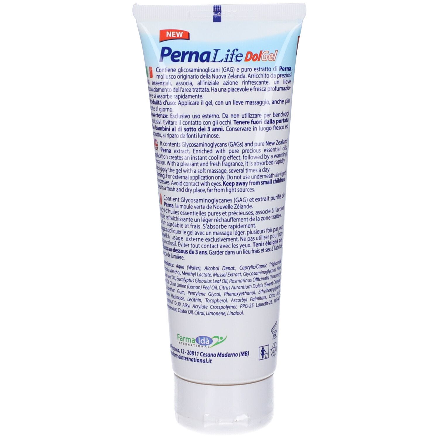 Retro del tubo Pernalife Dol Gel. Testo in più lingue. 125 ml.