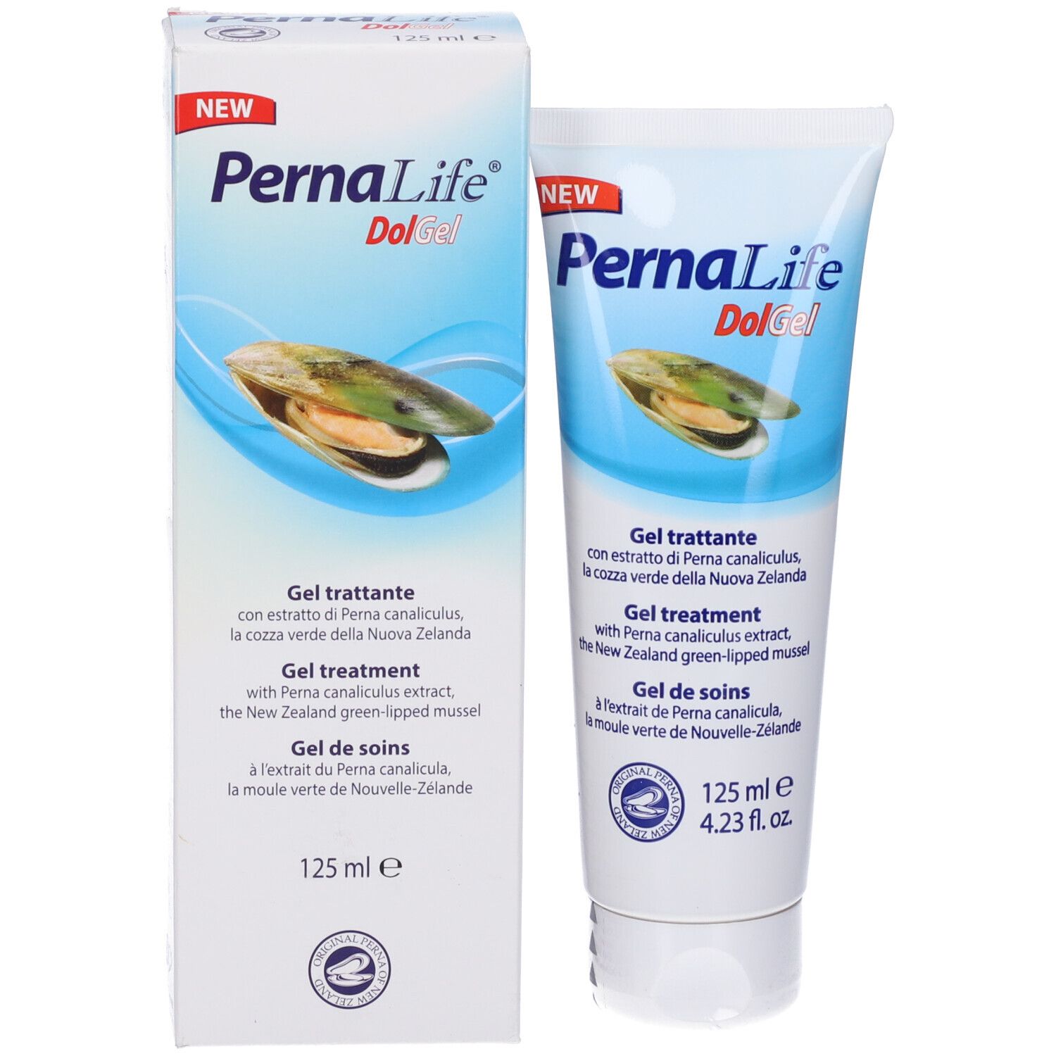 Pernalife Dol Gel, tubo e confezione. Bianco, con nome e immagine di una cozza. 125 ml.