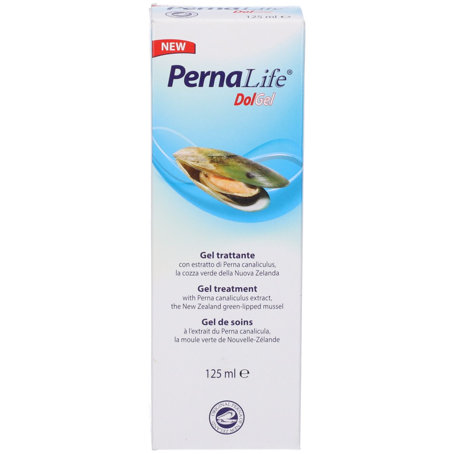Confezione di Pernalife Dol Gel. Bianca, con nome del prodotto e immagine di una cozza. 125 ml.