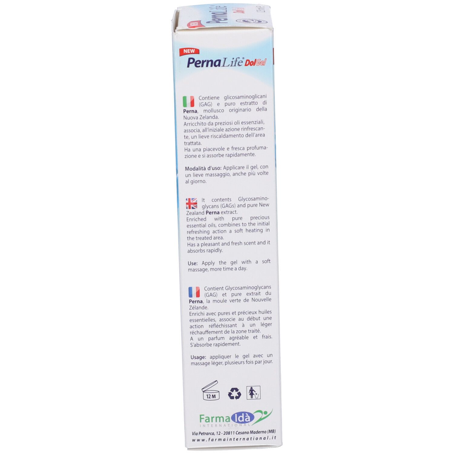 Retro della confezione di Pernalife Dol Gel. Testo in più lingue. 125 ml.