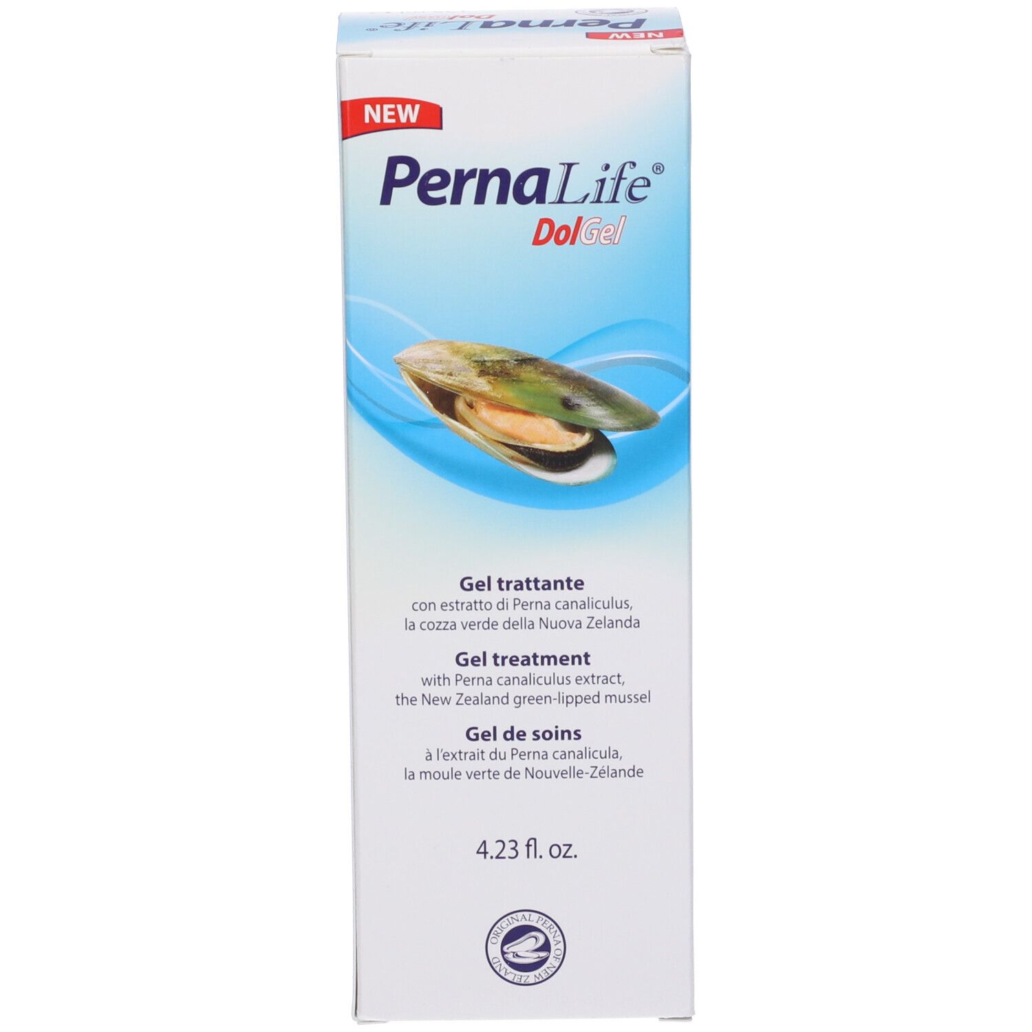 Confezione di Pernalife Dol Gel. Bianca, con nome del prodotto e immagine di una cozza. 4.23 fl. oz.