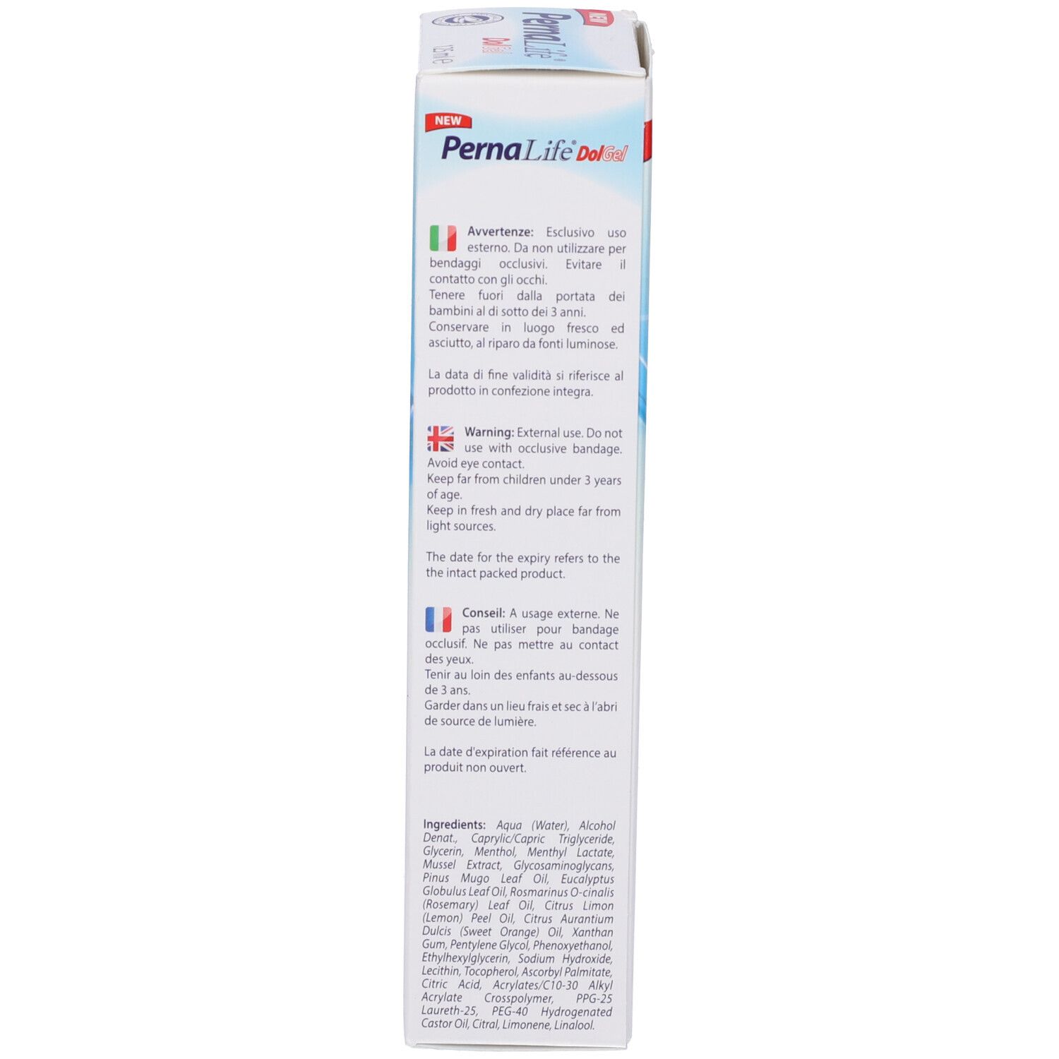 Retro della confezione di Pernalife Dol Gel. Testo in più lingue. Ingredienti.