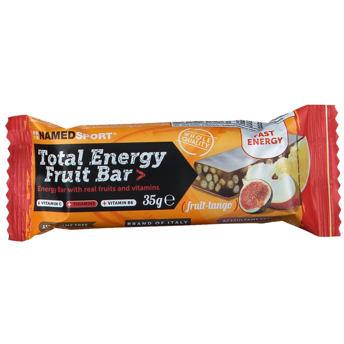 Barretta energetica alla frutta. Confezione con nome del prodotto, logo e illustrazioni di frutta. 35g.